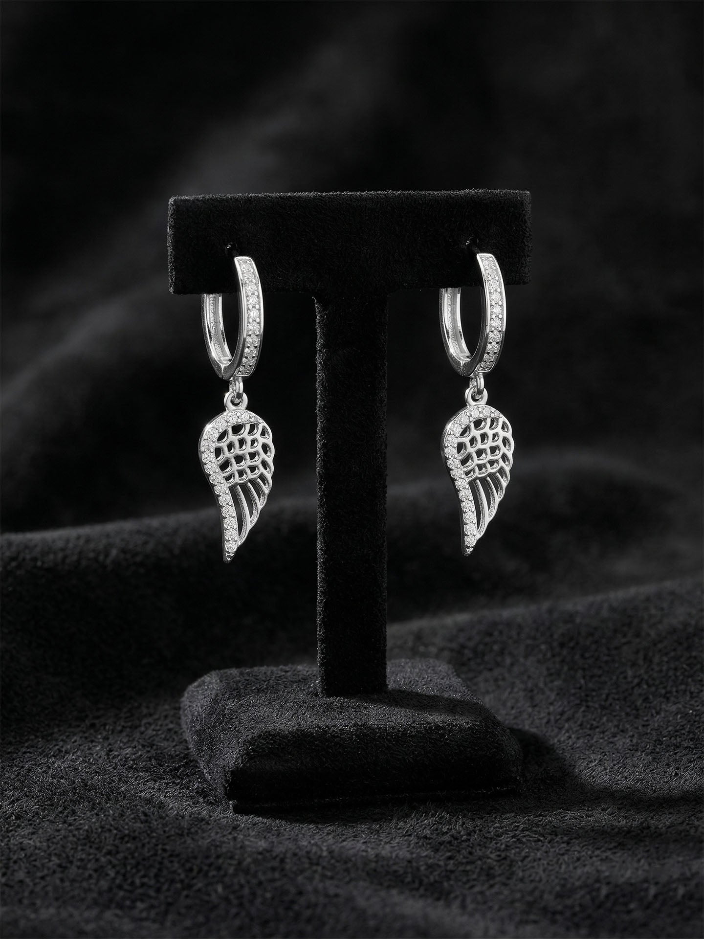 925 Sterling Silver Zircon Stone Rhodium Plated Wing Design Hoop Silver Earrings