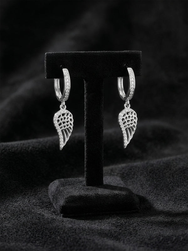 925 Sterling Silver Zircon Stone Rhodium Plated Wing Design Hoop Silver Earrings