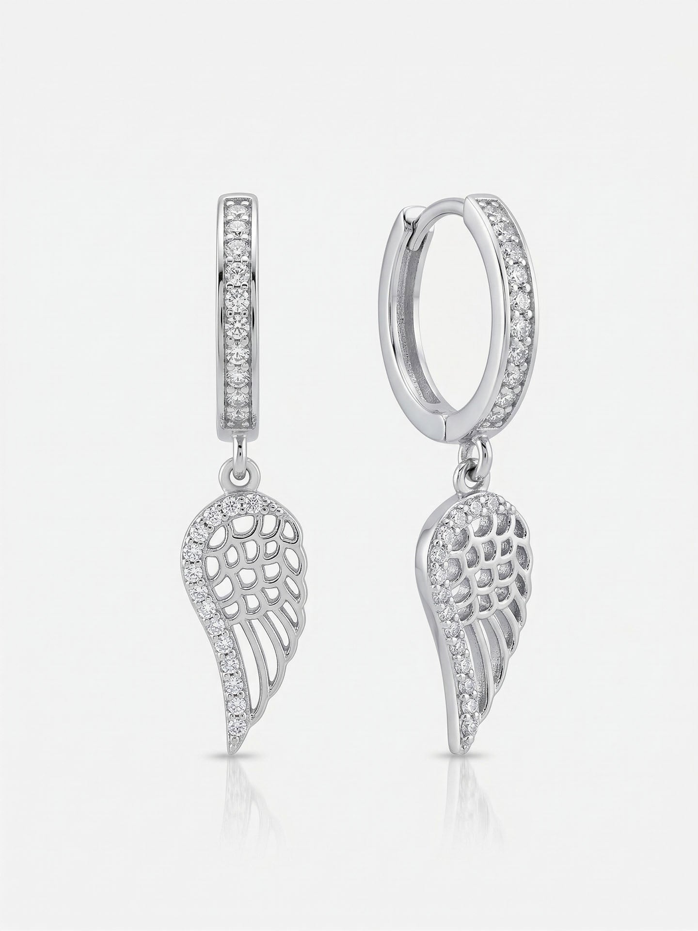 CZ Wing Style Hoop Earrings Rhodium Plated Silver