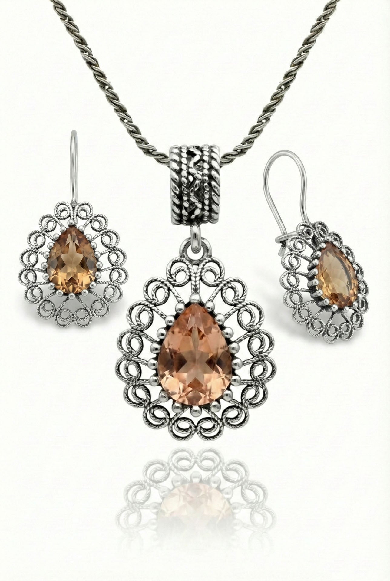 Zultanite Handmade Traditional Drop Filigree Necklace & Earrings Set Silver