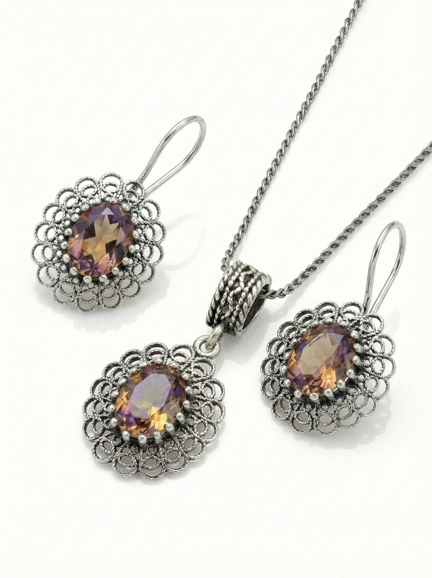 Zultanite Handmade Traditional Oval Filigree Necklace & Earrings Set Silver