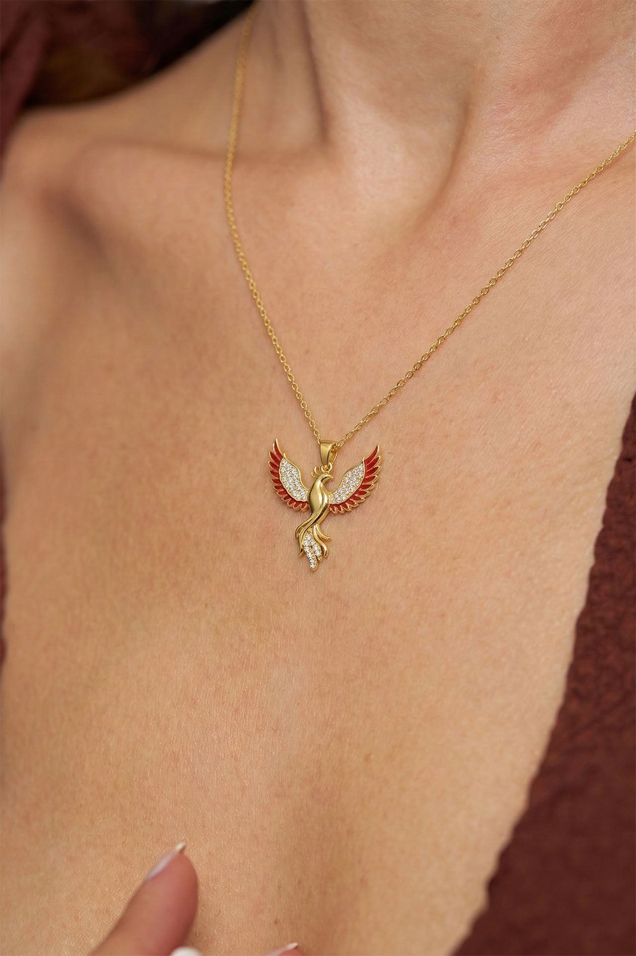 Phoenix Red Enamel Necklace Gold Plated Silver