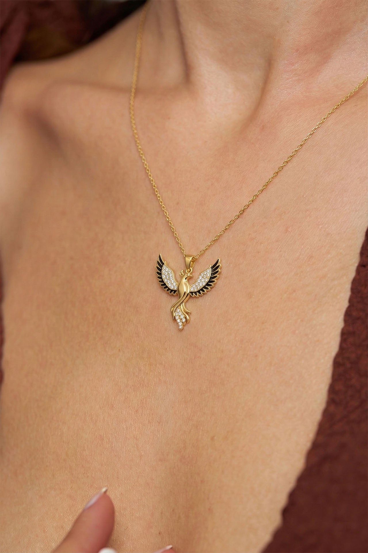 Phoenix Black Enamel Necklace Gold Plated Silver