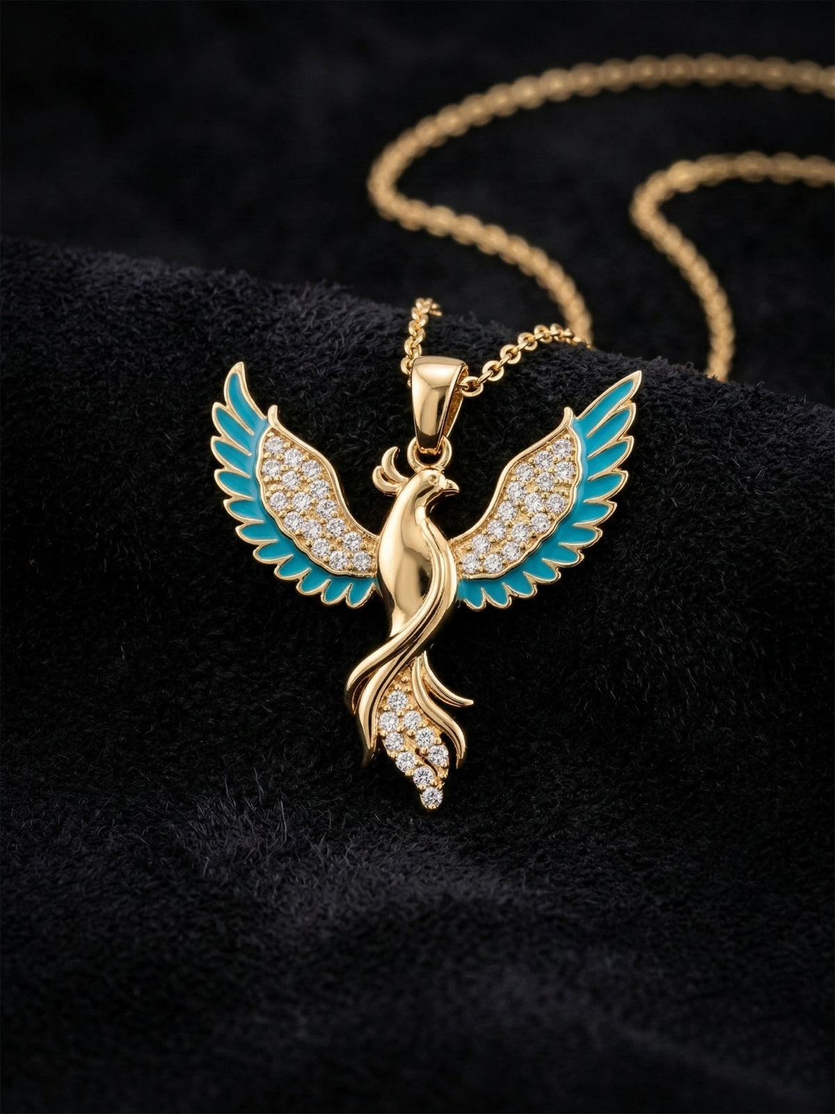 Gold Turquoise Enamel Phoenix Pendant Necklace in 925 sterling silver