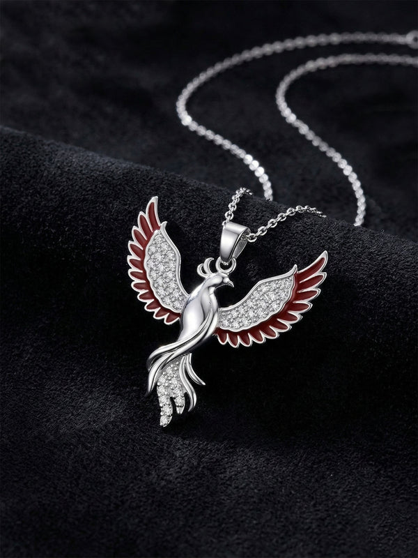 Phoenix Red Enamel Necklace Rhodium Plated Silver