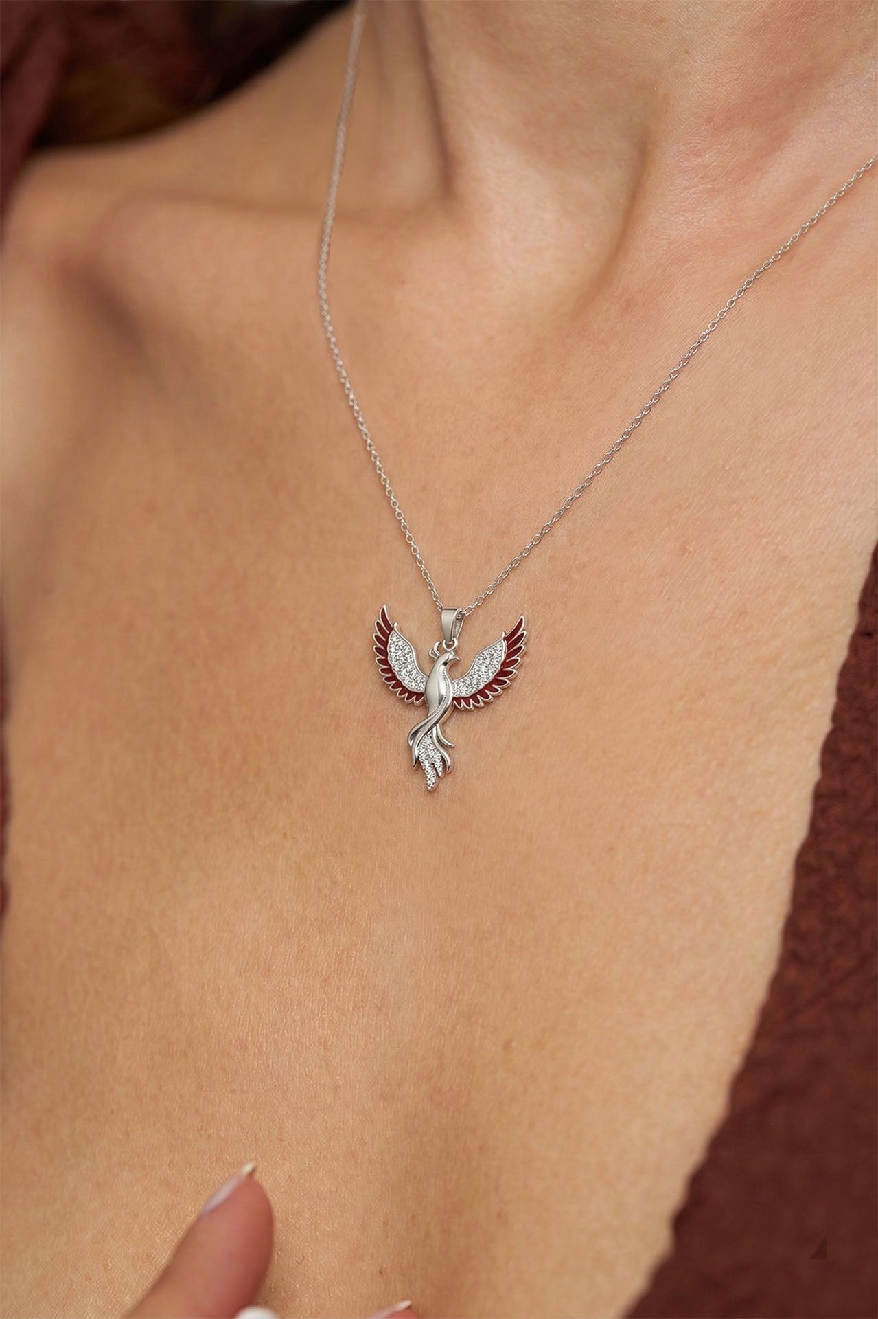 Phoenix Red Enamel Necklace Rhodium Plated Silver