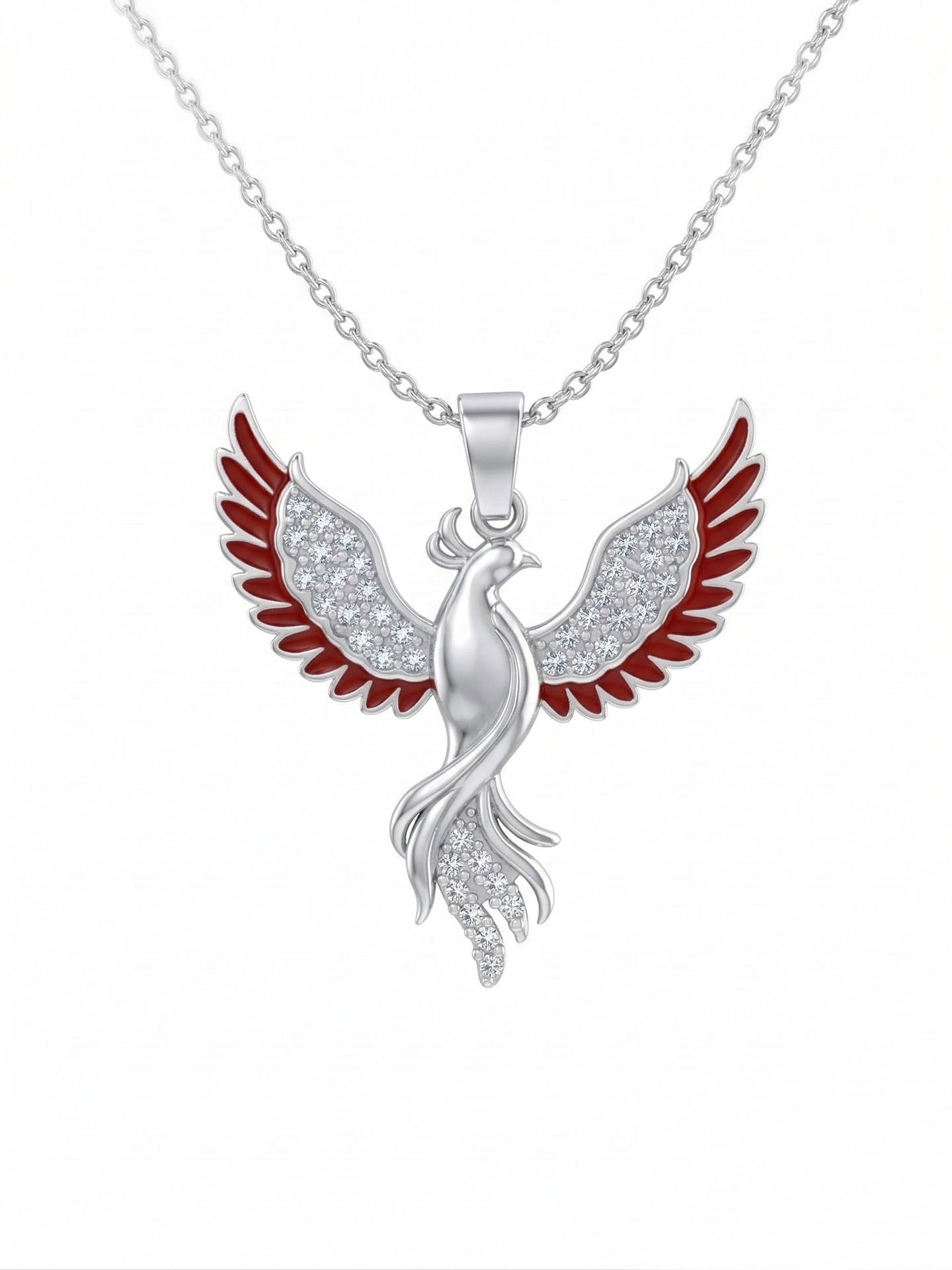 Phoenix Red Enamel Necklace Rhodium Plated Silver