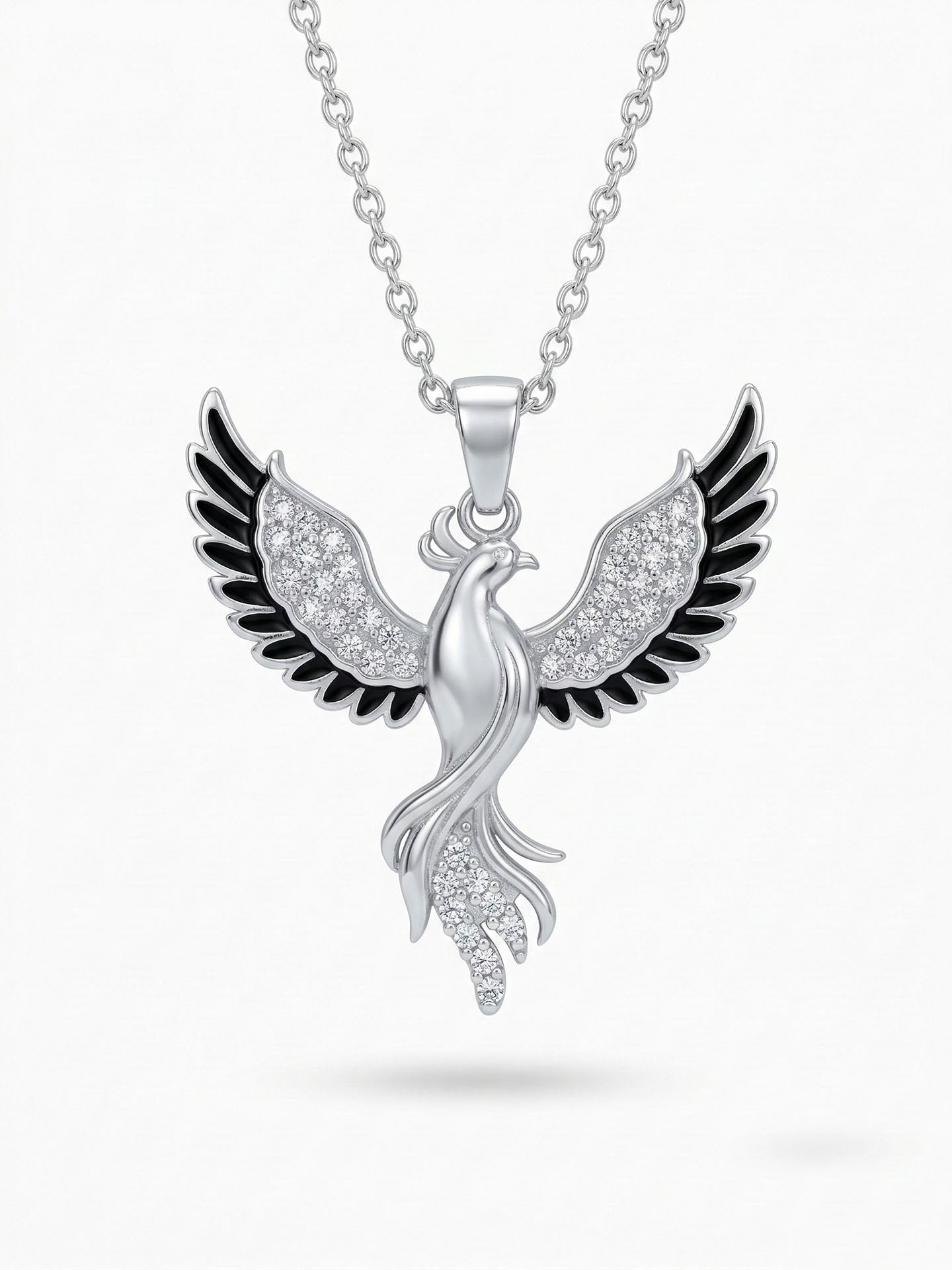 Phoenix Black Enamel Necklace Rhodium Plated Silver