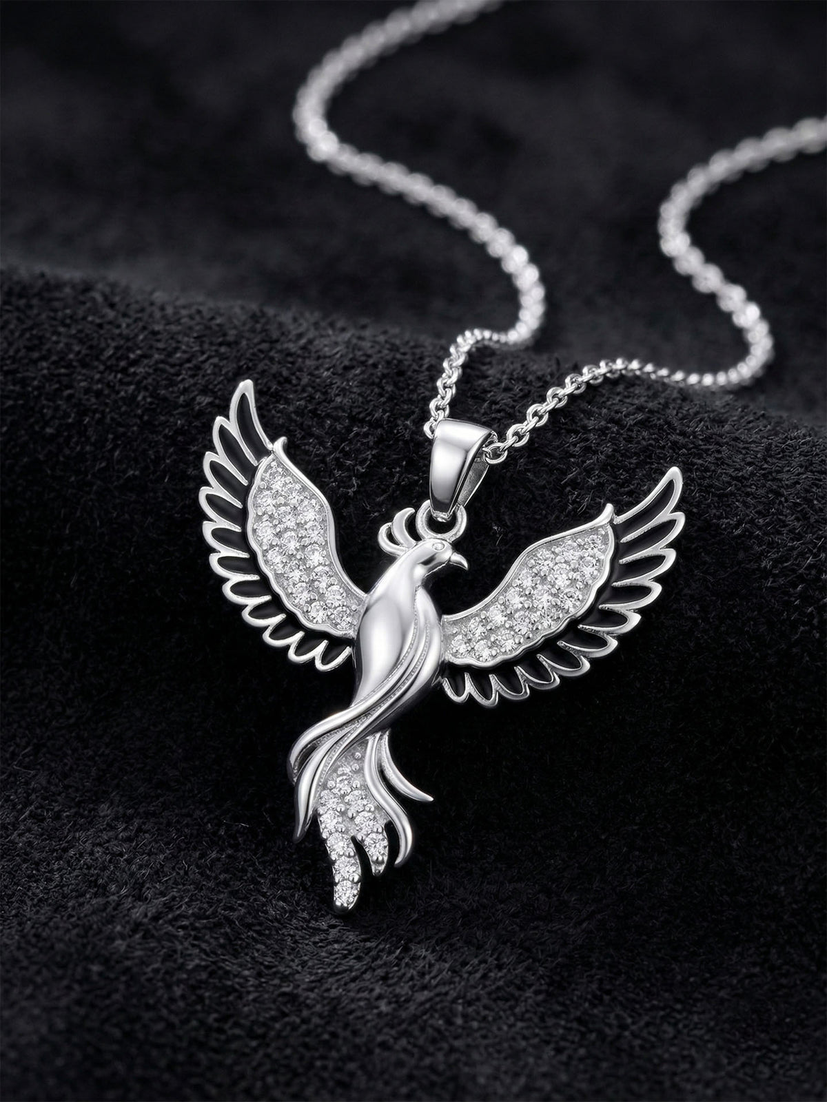 Rhodium Black Enamel Phoenix Pendant Necklace in 925 sterling silver