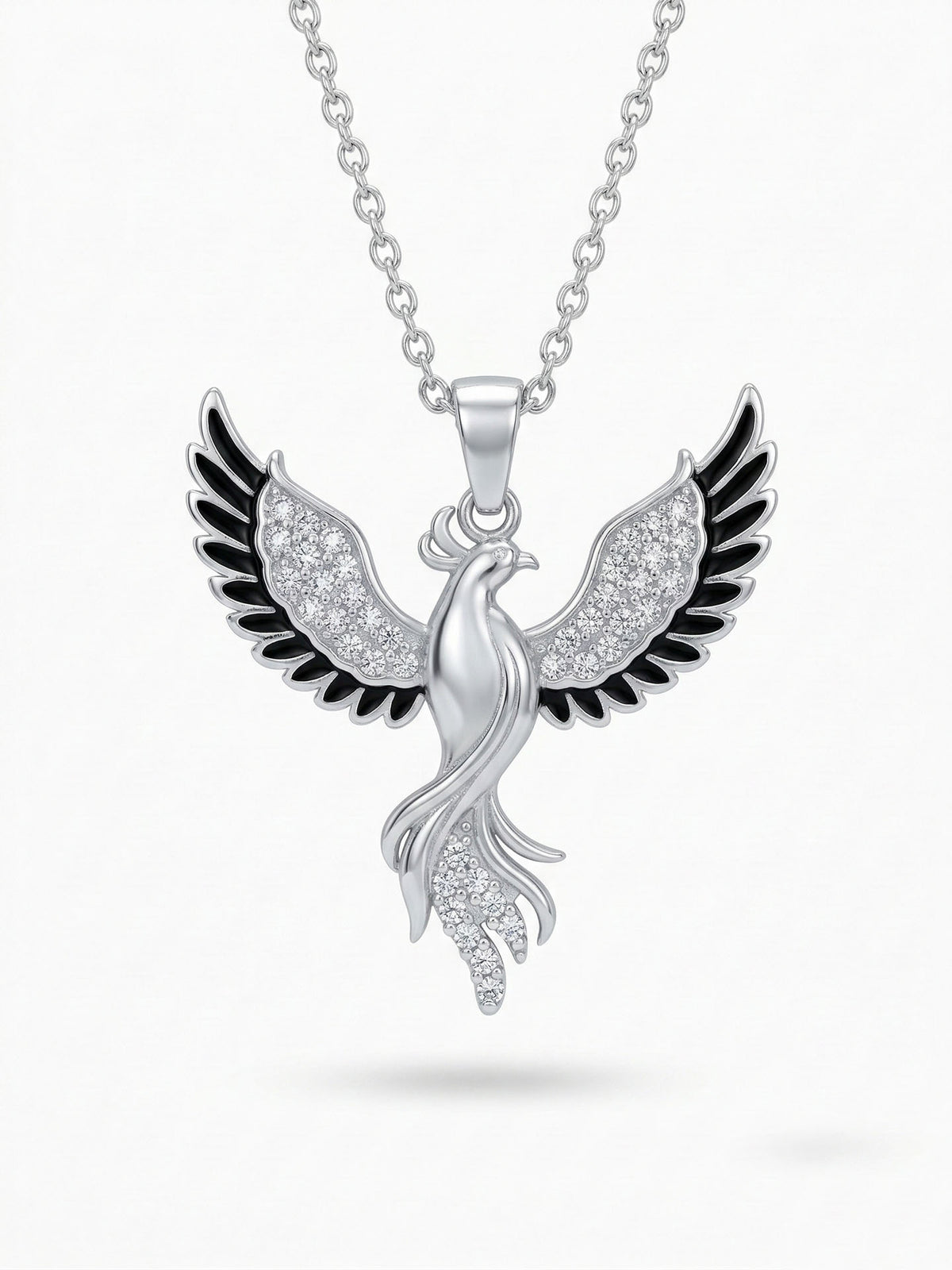 Phönix-Anhänger-Halskette mit schwarzem Emaille und Rhodium-Beschichtung | 925er Silber