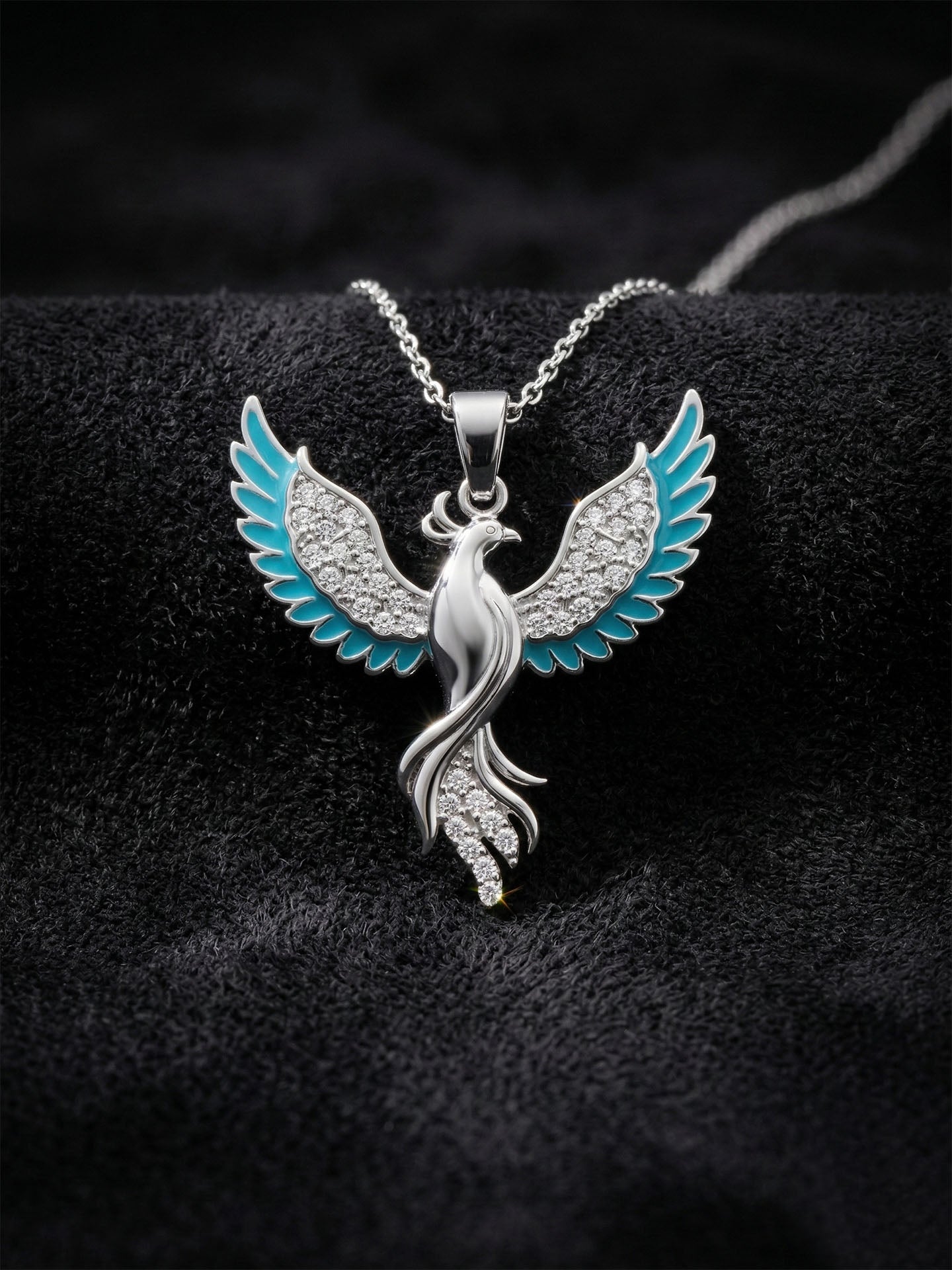 Phoenix Turquoise Enamel Necklace Rhodium Plated Silver