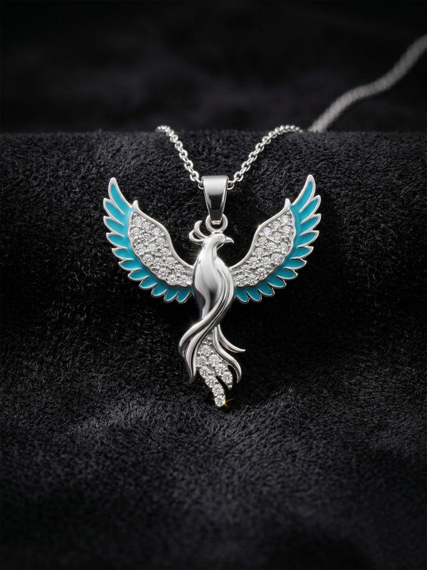 Phoenix Turquoise Enamel Necklace Rhodium Plated Silver