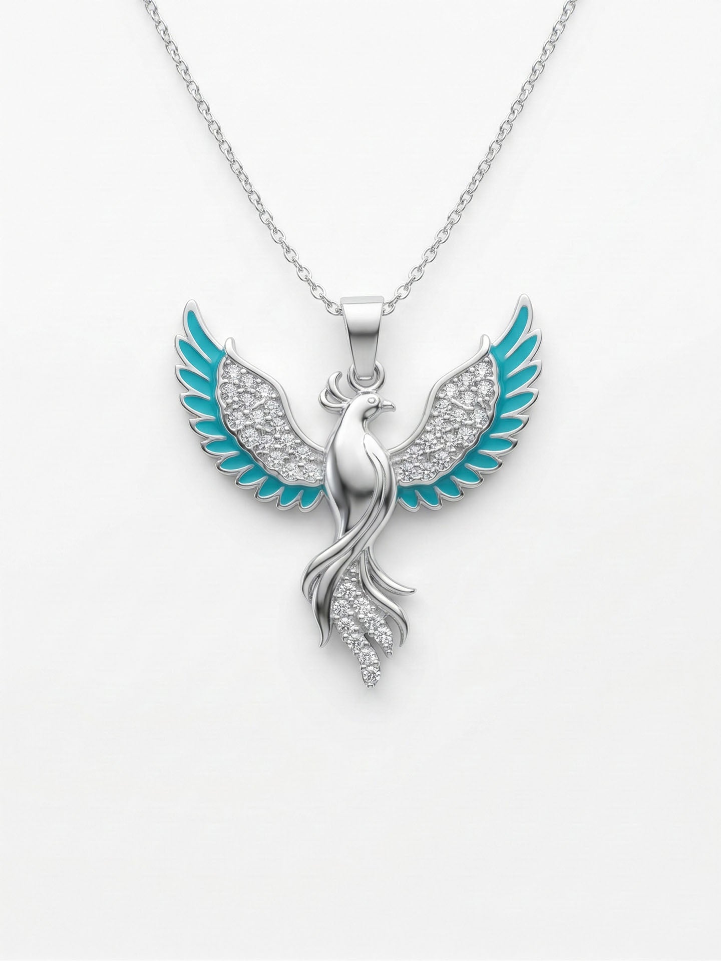 Phoenix Turquoise Enamel Necklace Rhodium Plated Silver