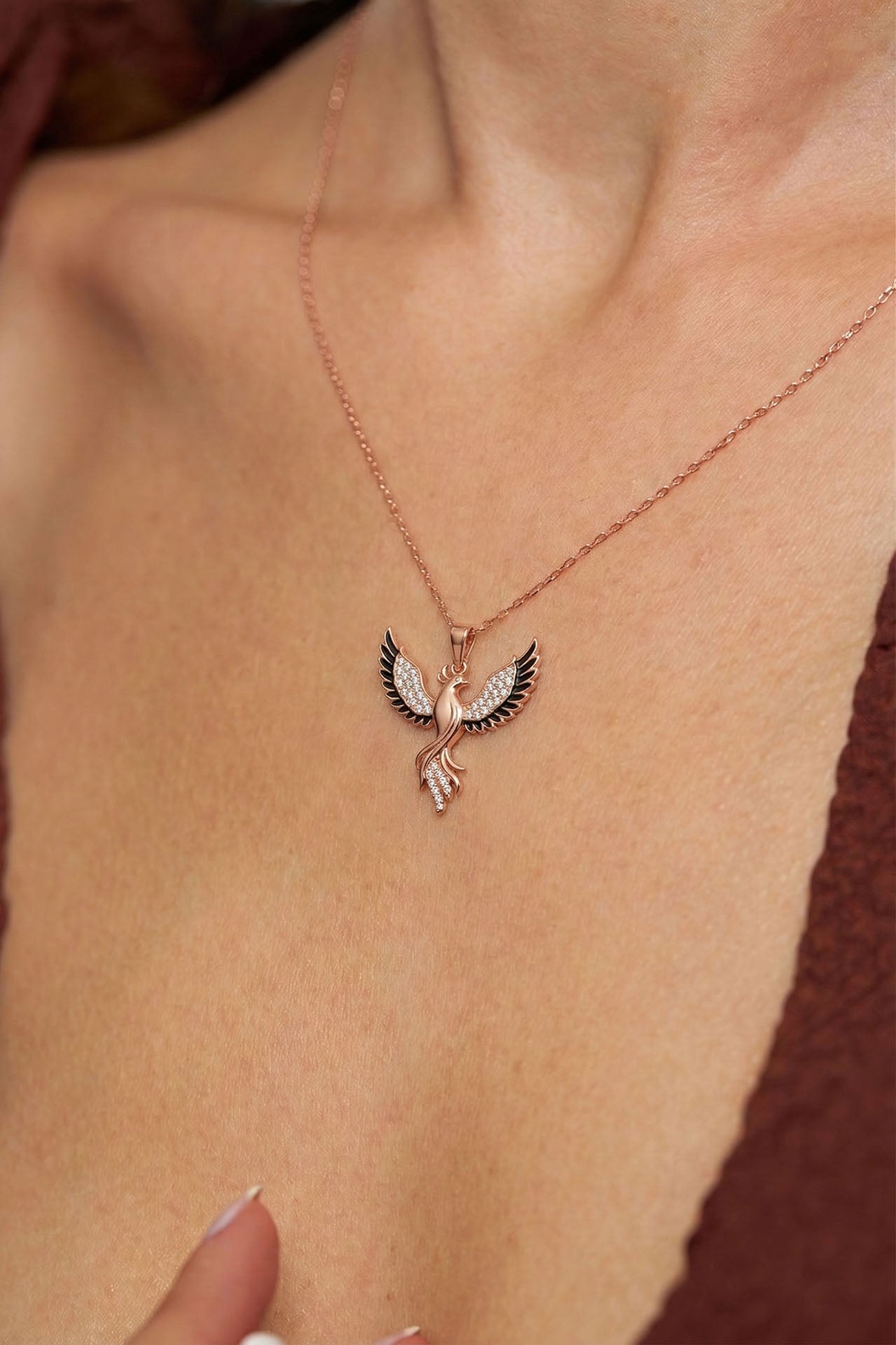 Phoenix Black Enamel Necklace Rose Gold Plated Silver