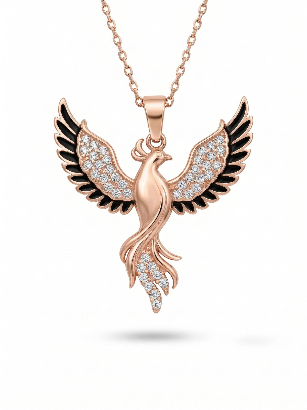 Rose Gold Black Enamel Phoenix Pendant Necklace in 925 sterling silver - view 3