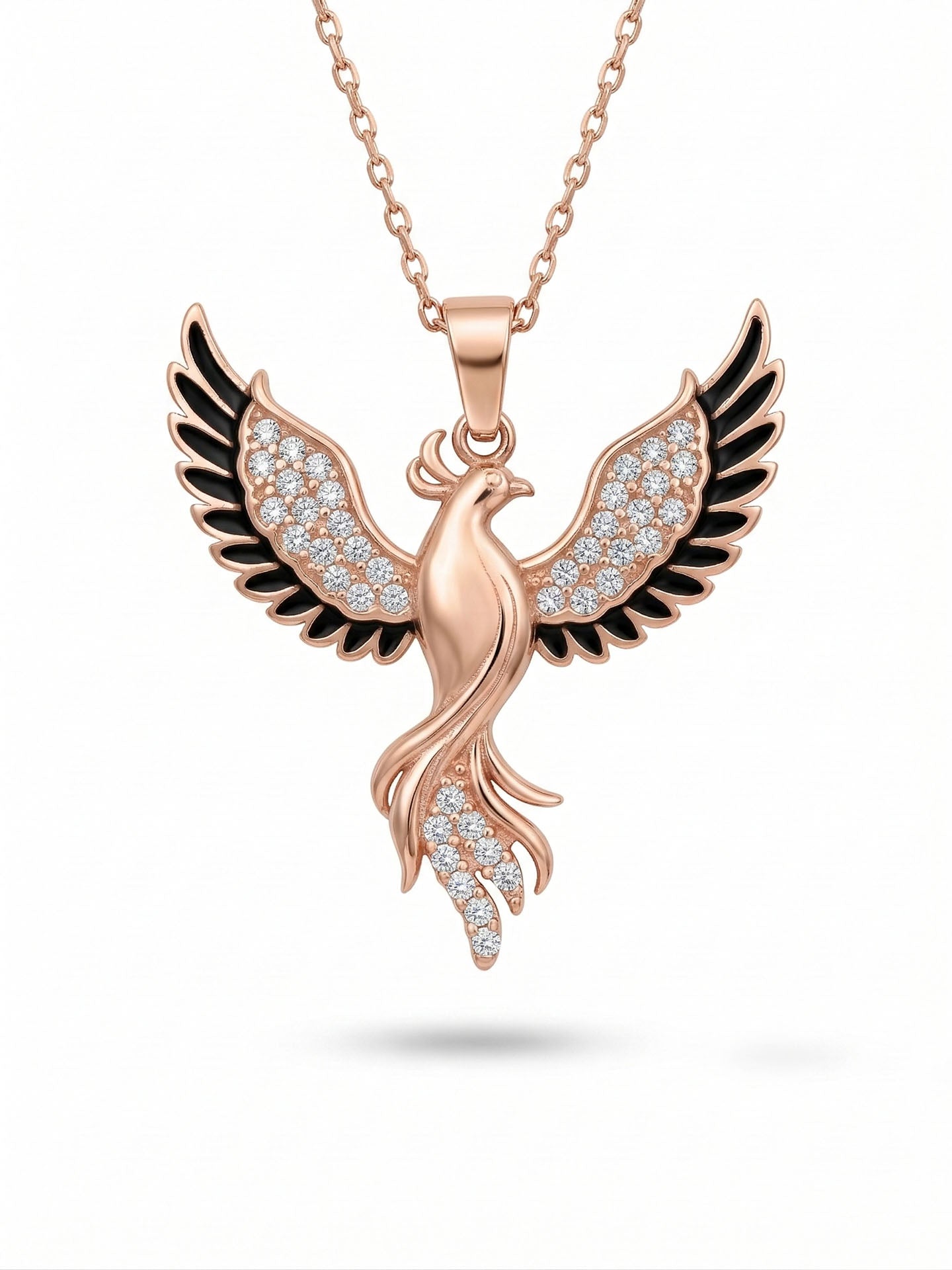 Phoenix Black Enamel Necklace Rose Gold Plated Silver