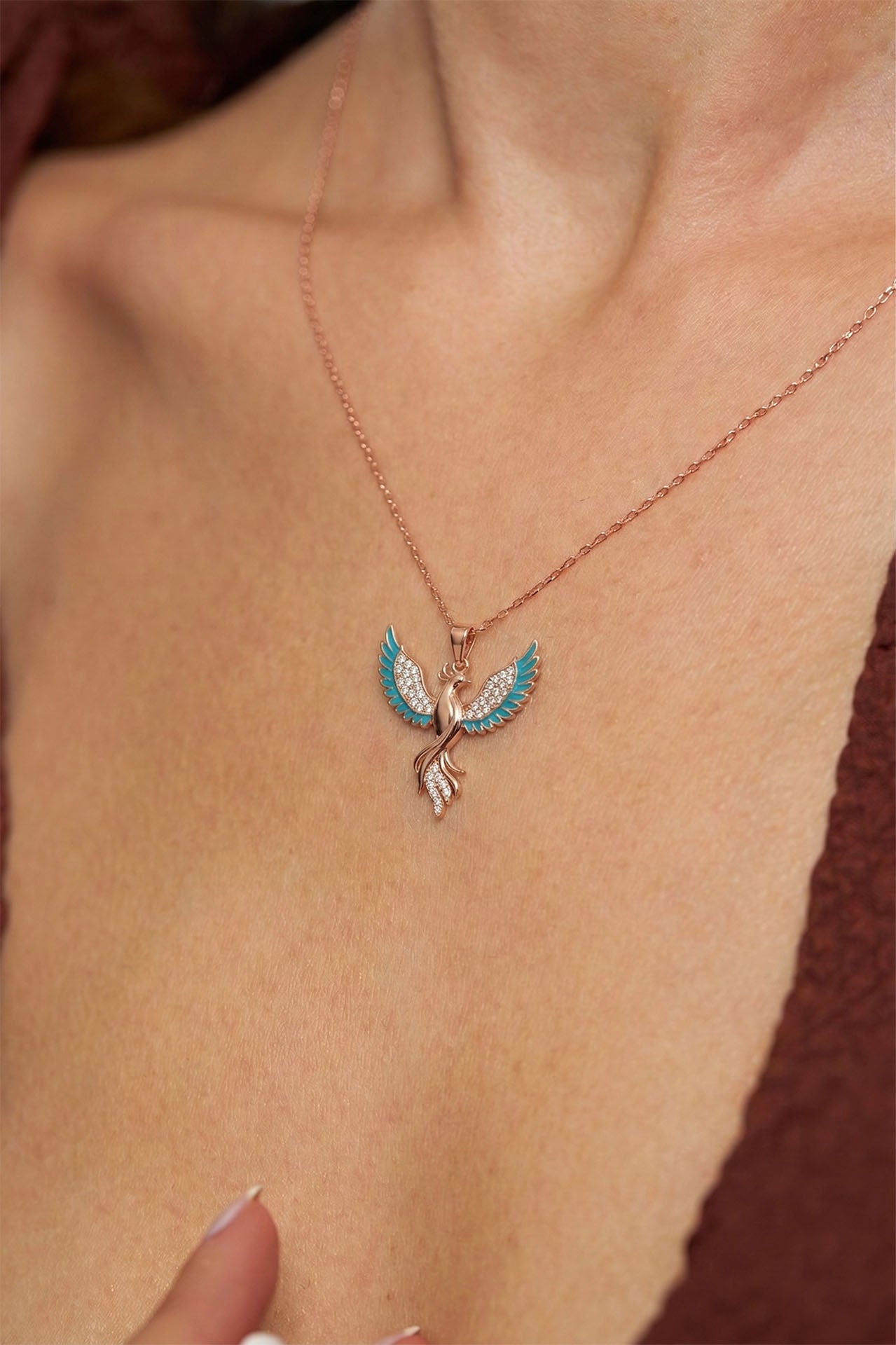 Phoenix Turquoise Enamel Necklace Rose Gold Plated Silver