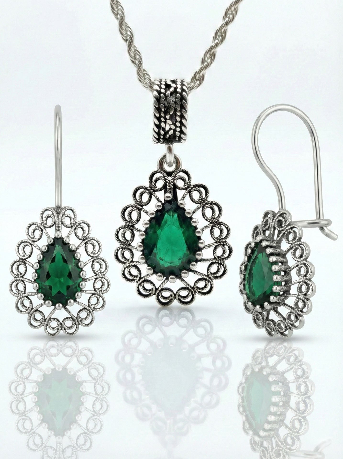 Emerald Handmade Traditional Drop Filigree Necklace & Earrings Set Silver