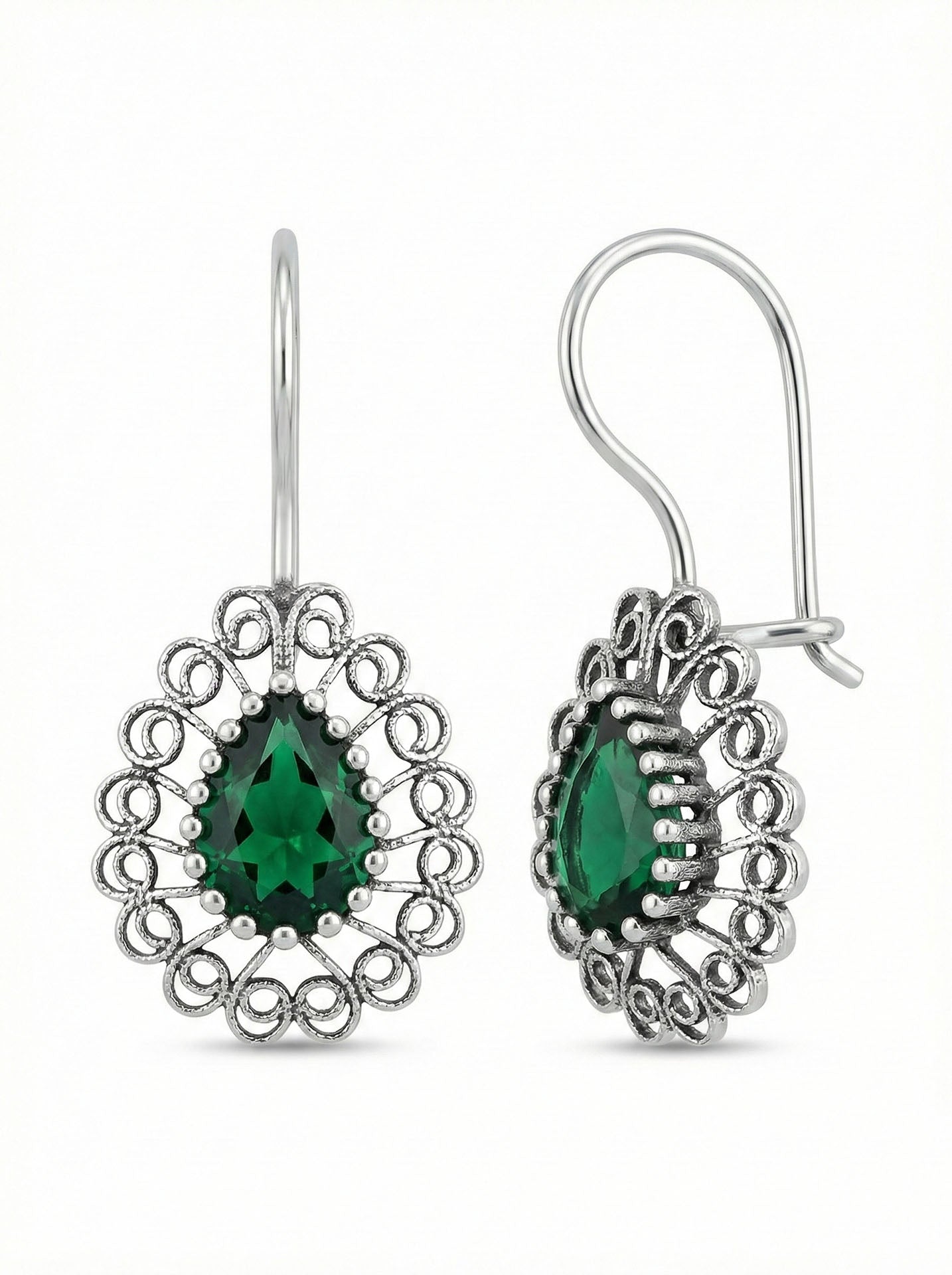 Emerald Handmade Traditional Drop Filigree Earrings Silver