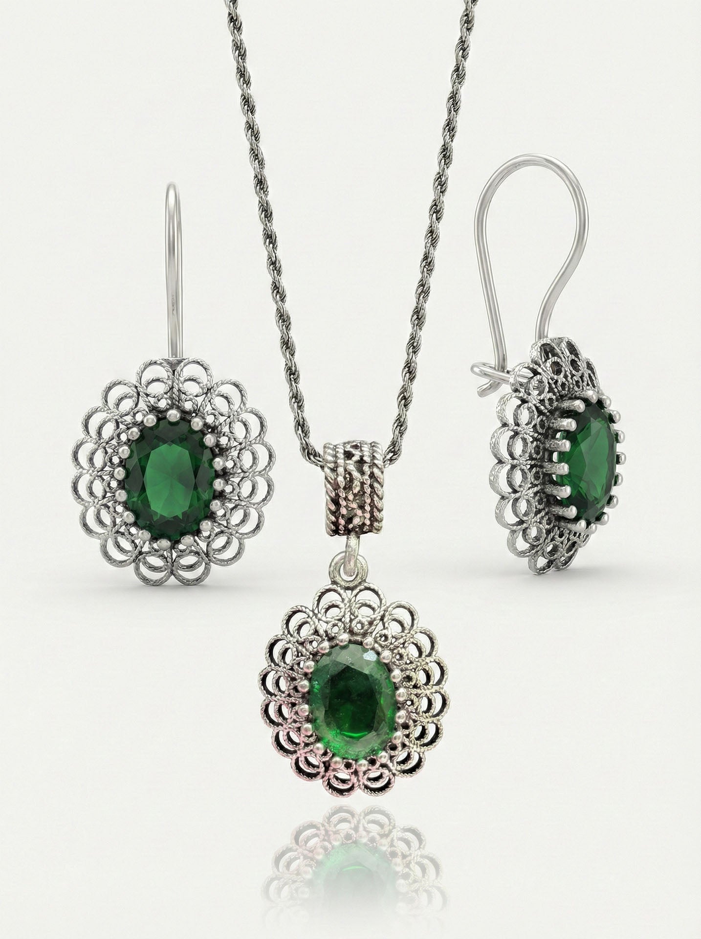 Emerald Handmade Traditional Oval Filigree Necklace & Earrings Set Silver