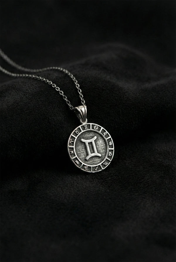 Gemini Zodiac Sign Wheel Medallion Necklace | 925 Silver