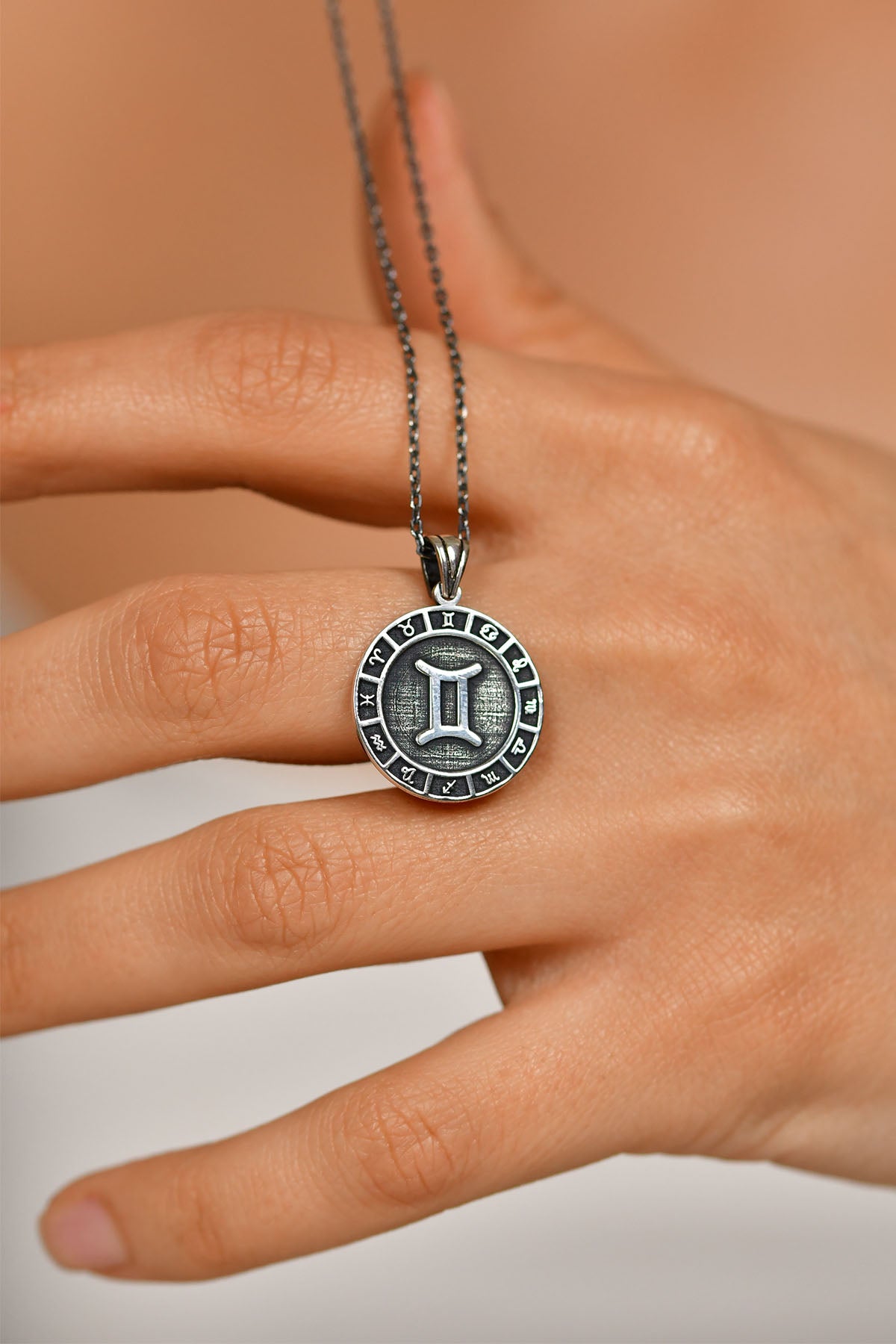 Gemini Zodiac Sign Wheel Medallion Necklace | 925 Silver