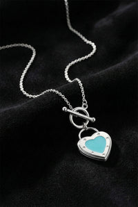 925 Sterling Silver Iconic Turquoise Heart Lock Detailed Chain Necklace with T-Bar Clasp (Large Size)