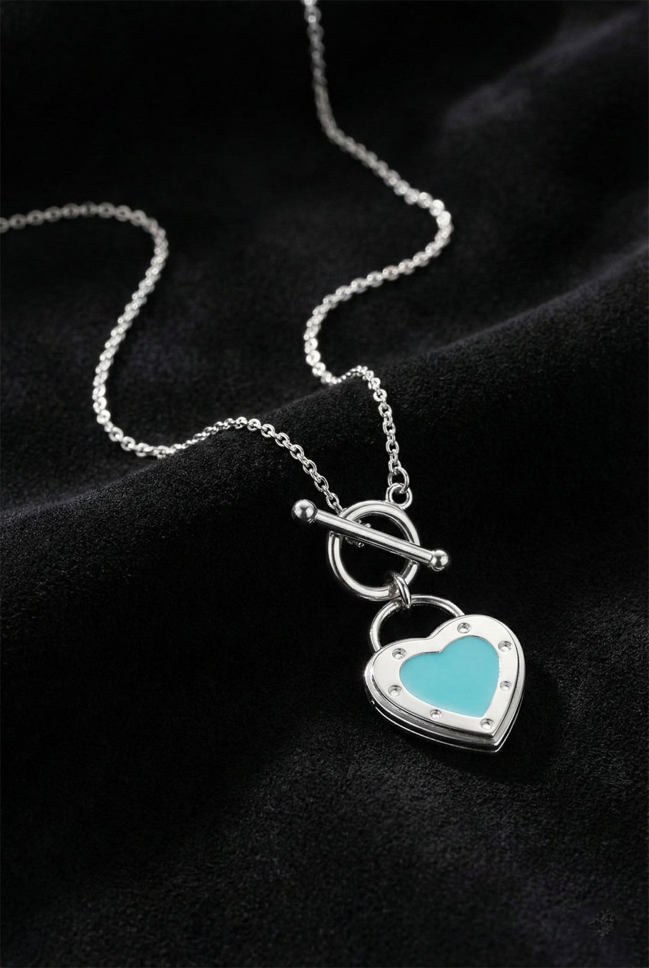 925 Sterling Silver Iconic Turquoise Heart Lock Detailed Chain Necklace with T-Bar Clasp (Large Size)