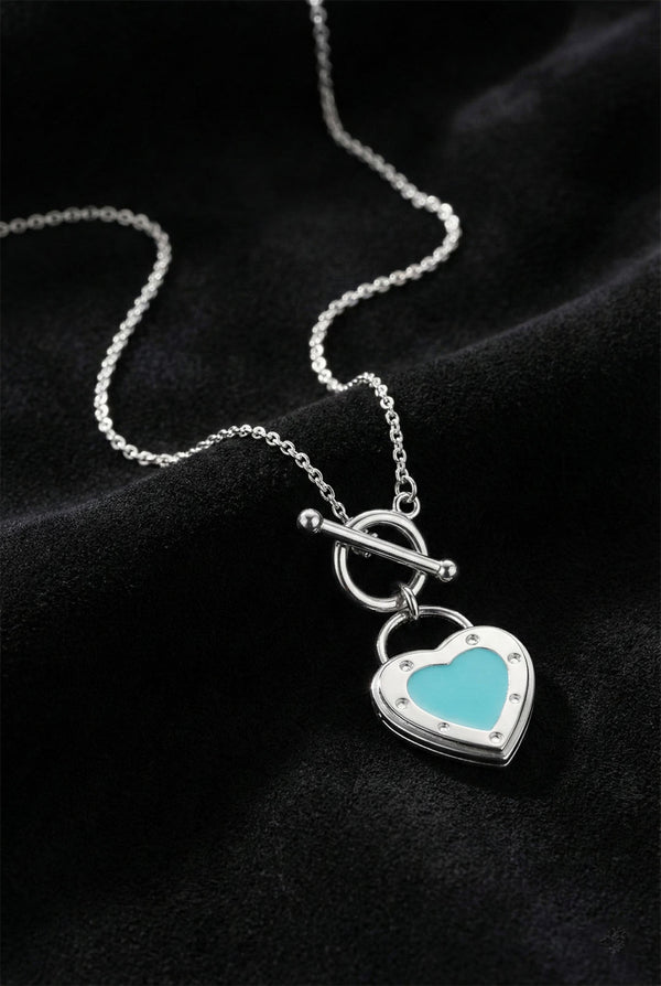 925 Sterling Silver Iconic Turquoise Heart Lock Detailed Chain Necklace with T-Bar Clasp (Large Size)