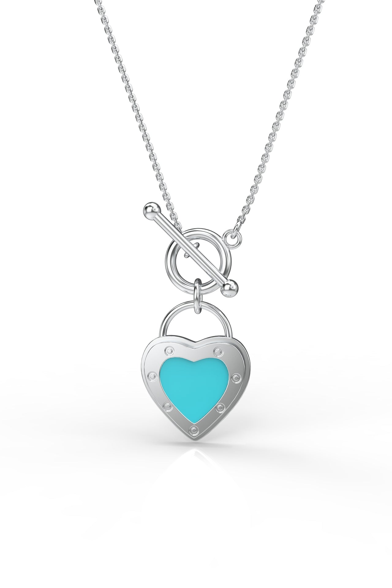925 Sterling Silver Iconic Turquoise Heart Lock Detailed Chain Necklace with T-Bar Clasp (Large Size)