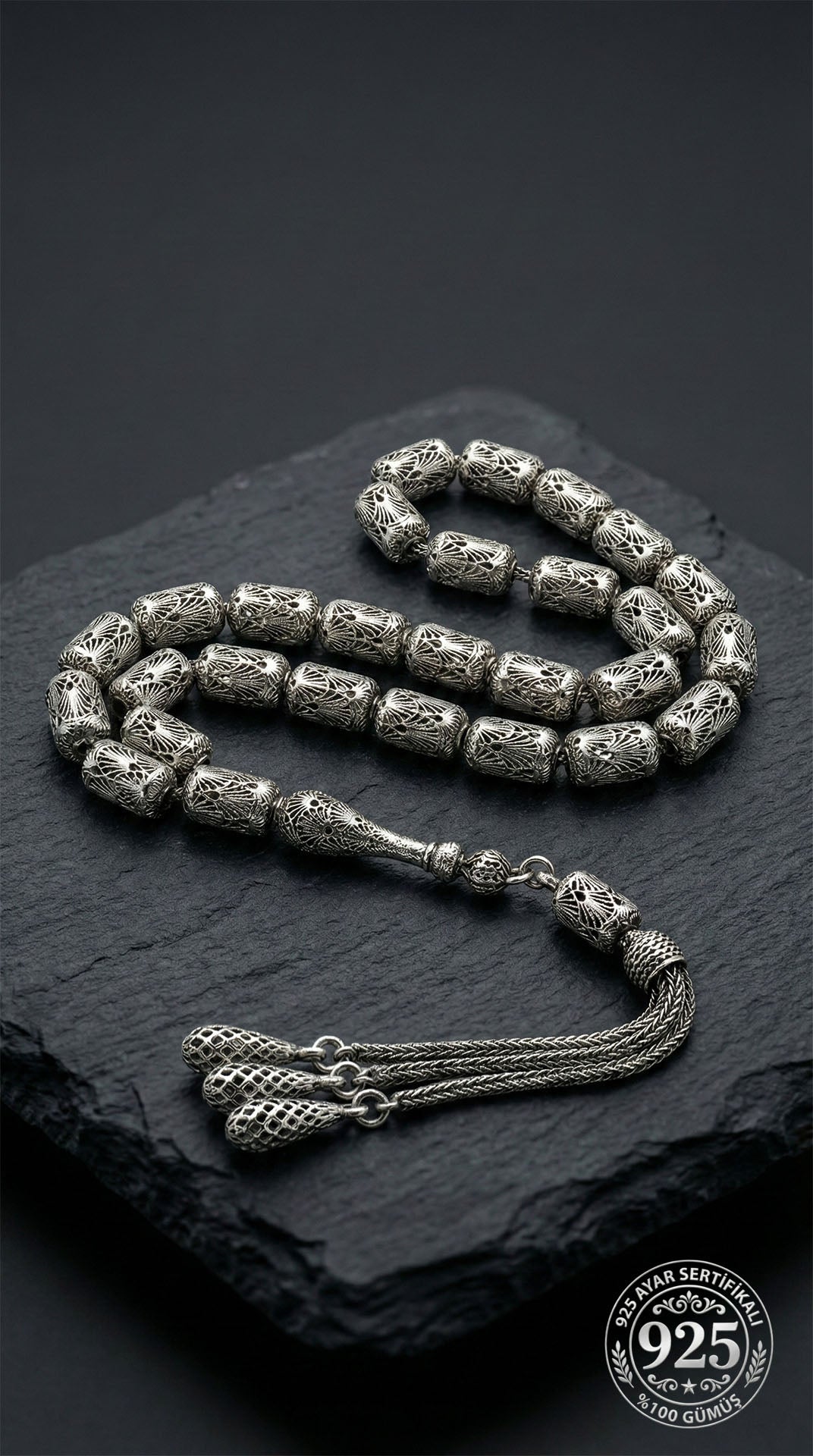 Capsule Cut Tassel Armor Embroidered-Style Traditional Prayer Beads Silver