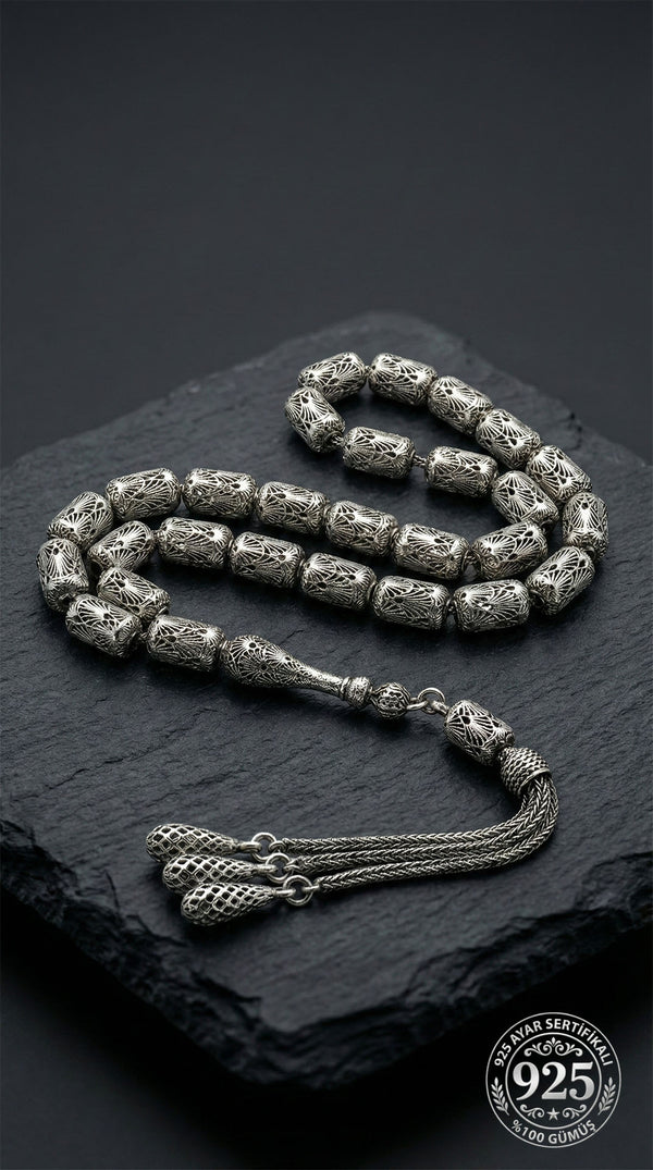 Capsule Cut Tassel Armor Embroidered-Style Traditional Prayer Beads Silver