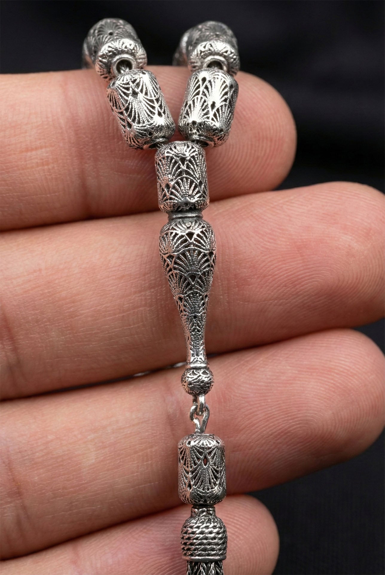 Capsule Cut Tassel Armor Embroidered-Style Traditional Prayer Beads Silver