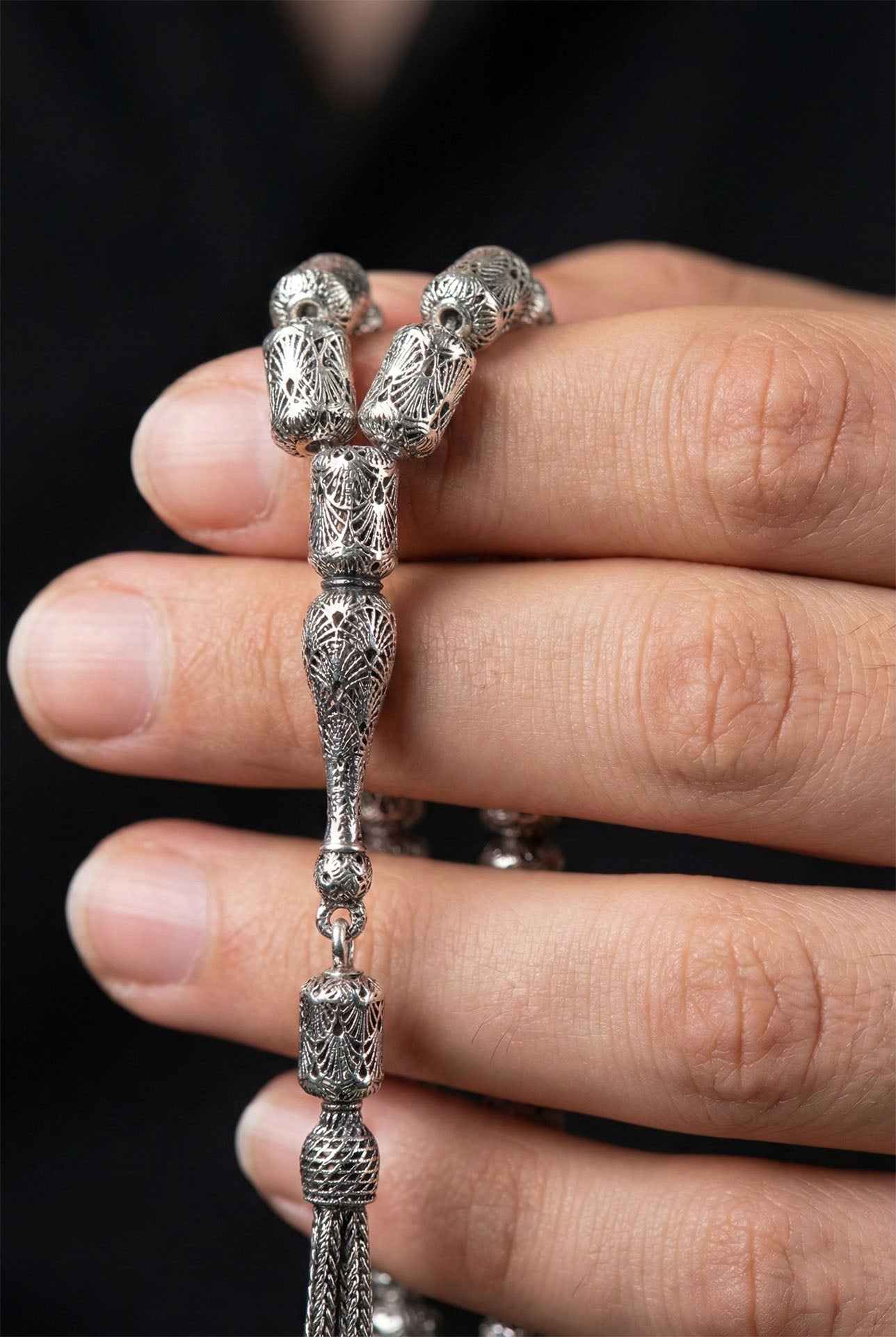 Capsule Cut Tassel Armor Embroidered-Style Traditional Prayer Beads Silver