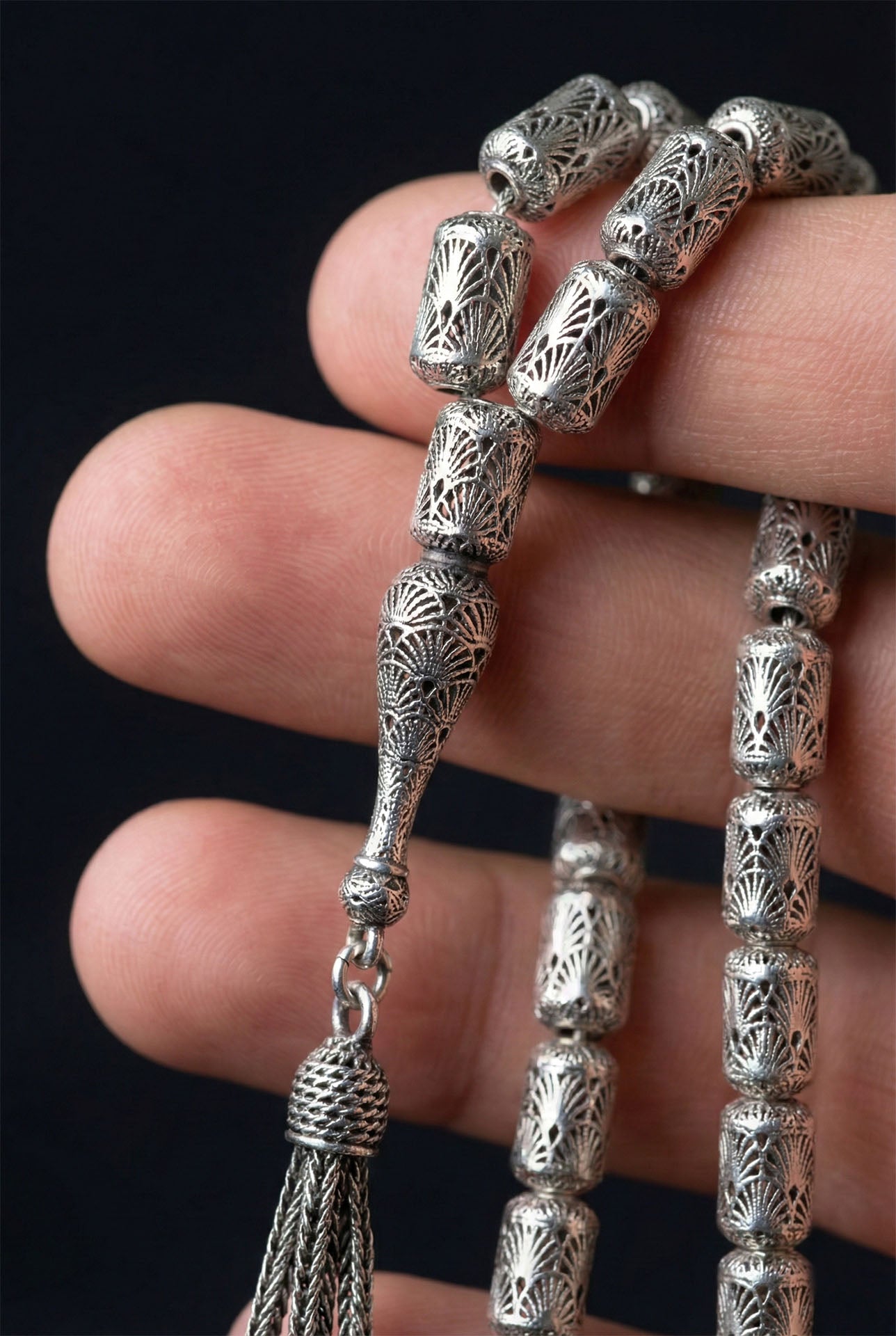 Capsule Cut Tassel Armor Embroidered-Style Traditional Prayer Beads Silver
