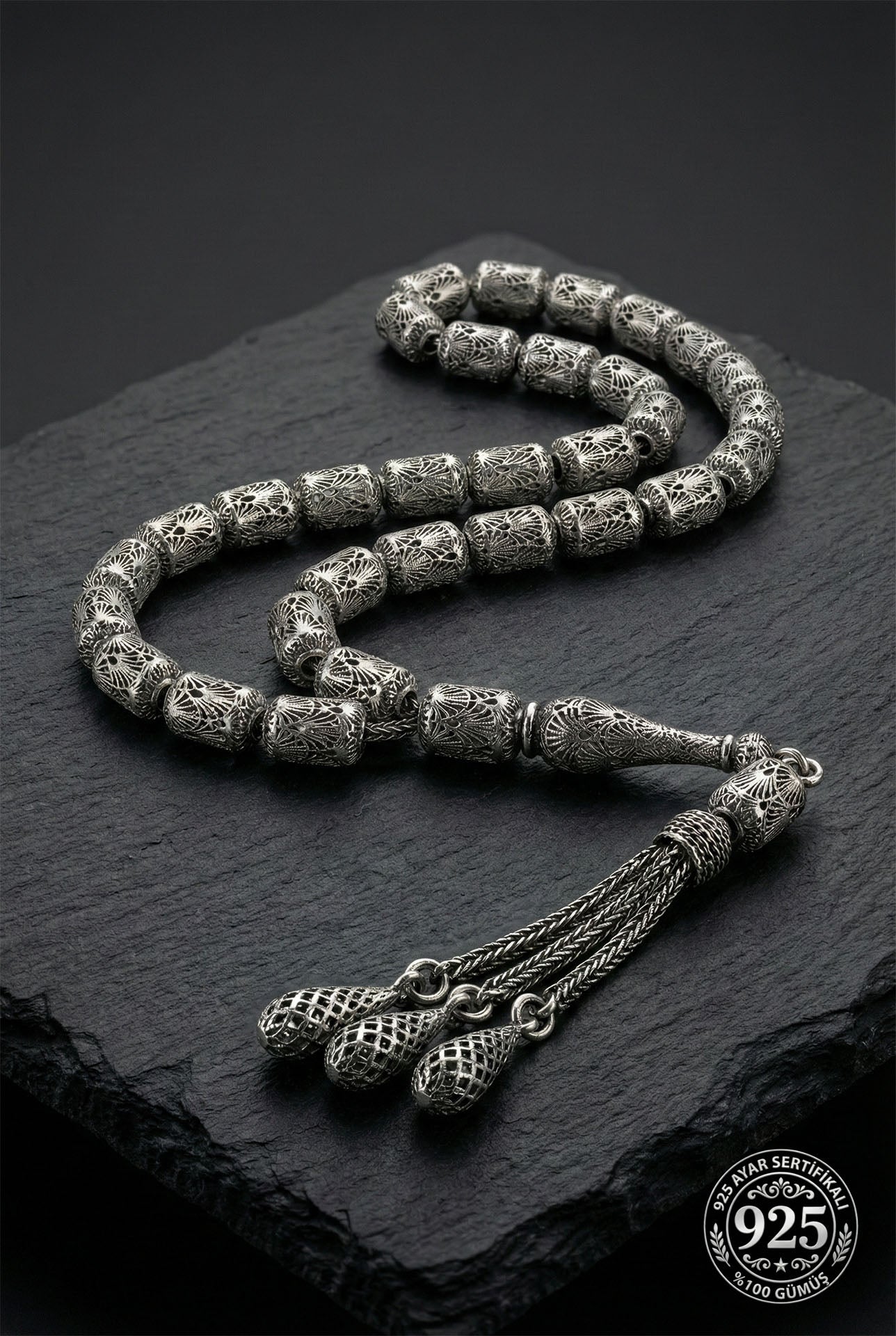 Capsule Cut Tassel Armor Embroidered-Style Traditional Prayer Beads Silver