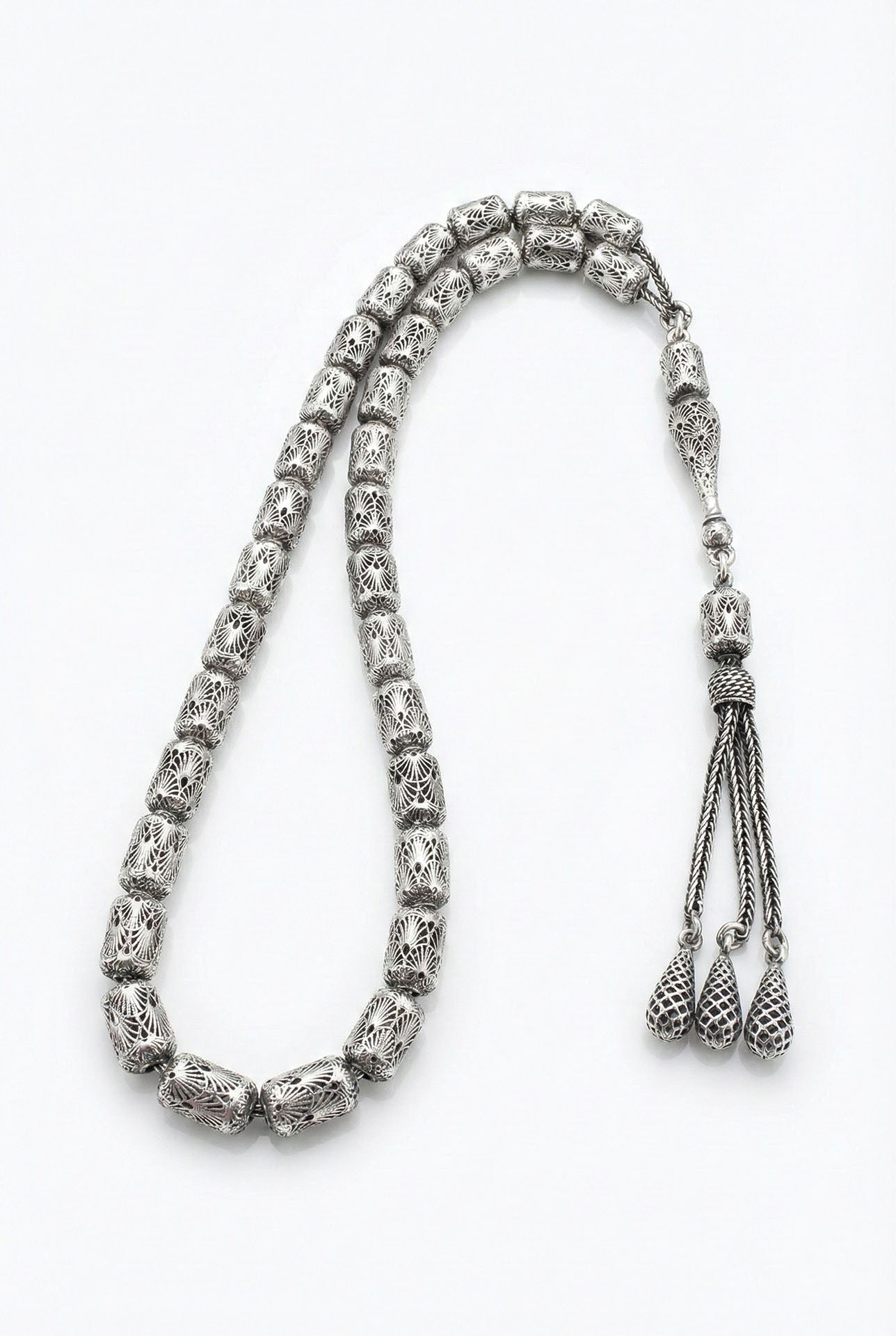 Capsule Cut Tassel Armor Embroidered-Style Traditional Prayer Beads Silver