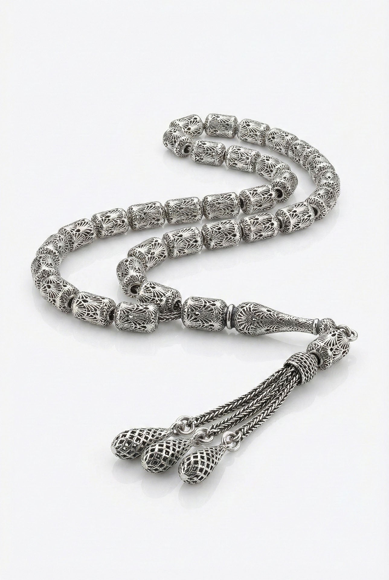 Capsule Cut Tassel Armor Embroidered-Style Traditional Prayer Beads Silver