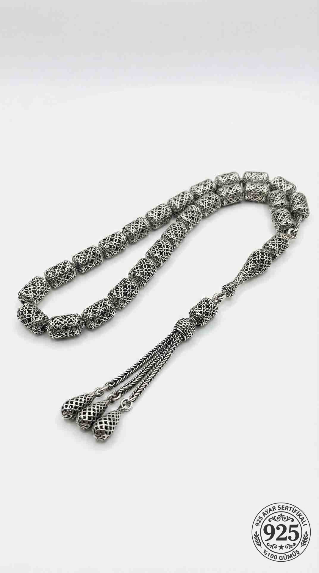 Capsule Cut Tassel Clover Embroidered-Style Traditional Prayer Beads Silver