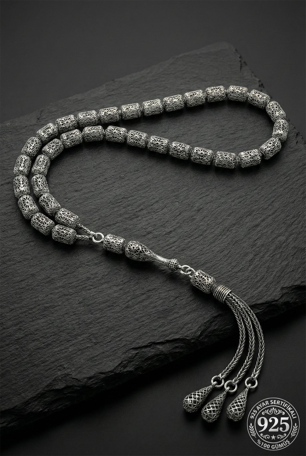 Globe Cut Tassel Wrist Tulip Embroidered-Style Traditional Prayer Beads Silver