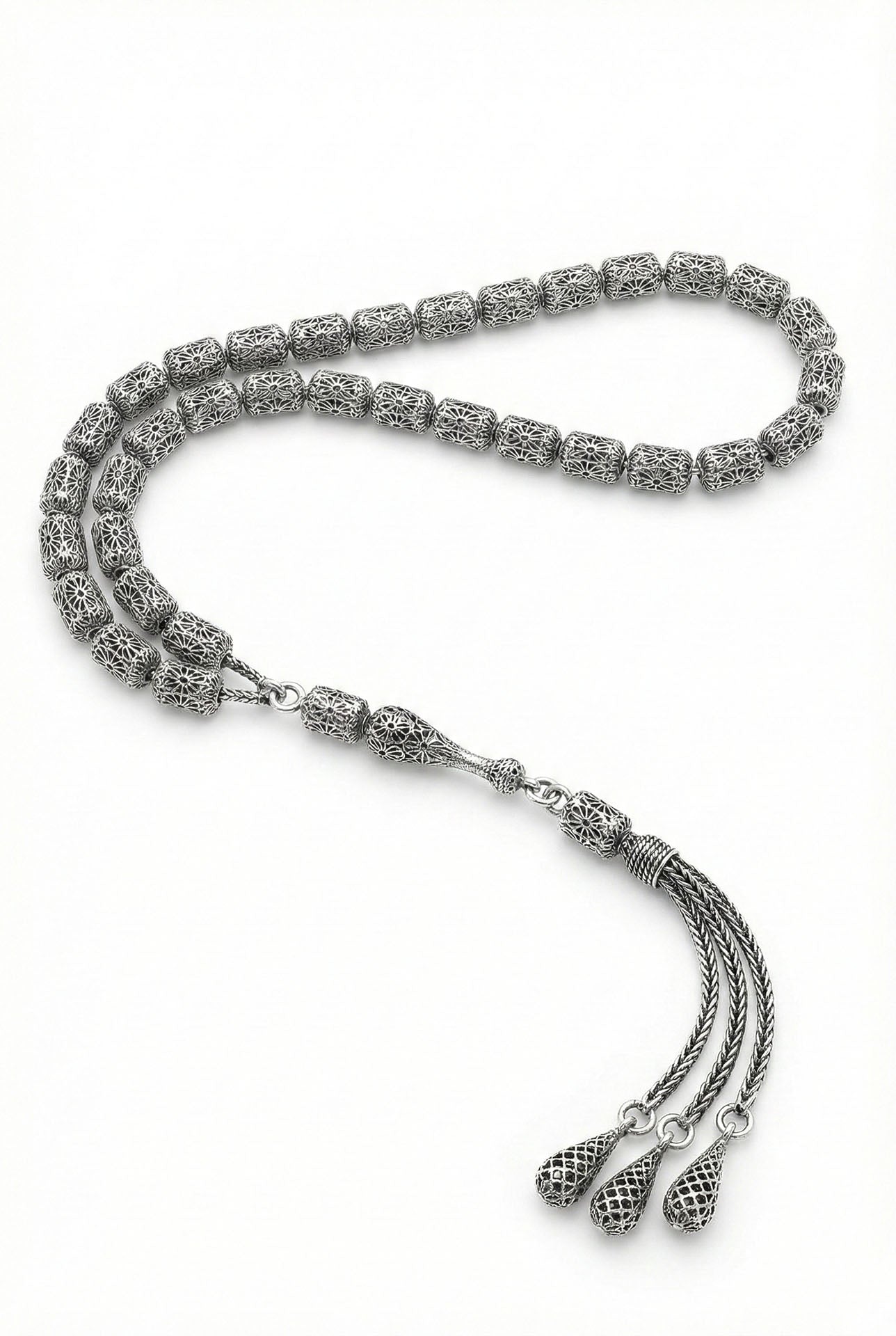 Globe Cut Tassel Wrist Tulip Embroidered-Style Traditional Prayer Beads Silver