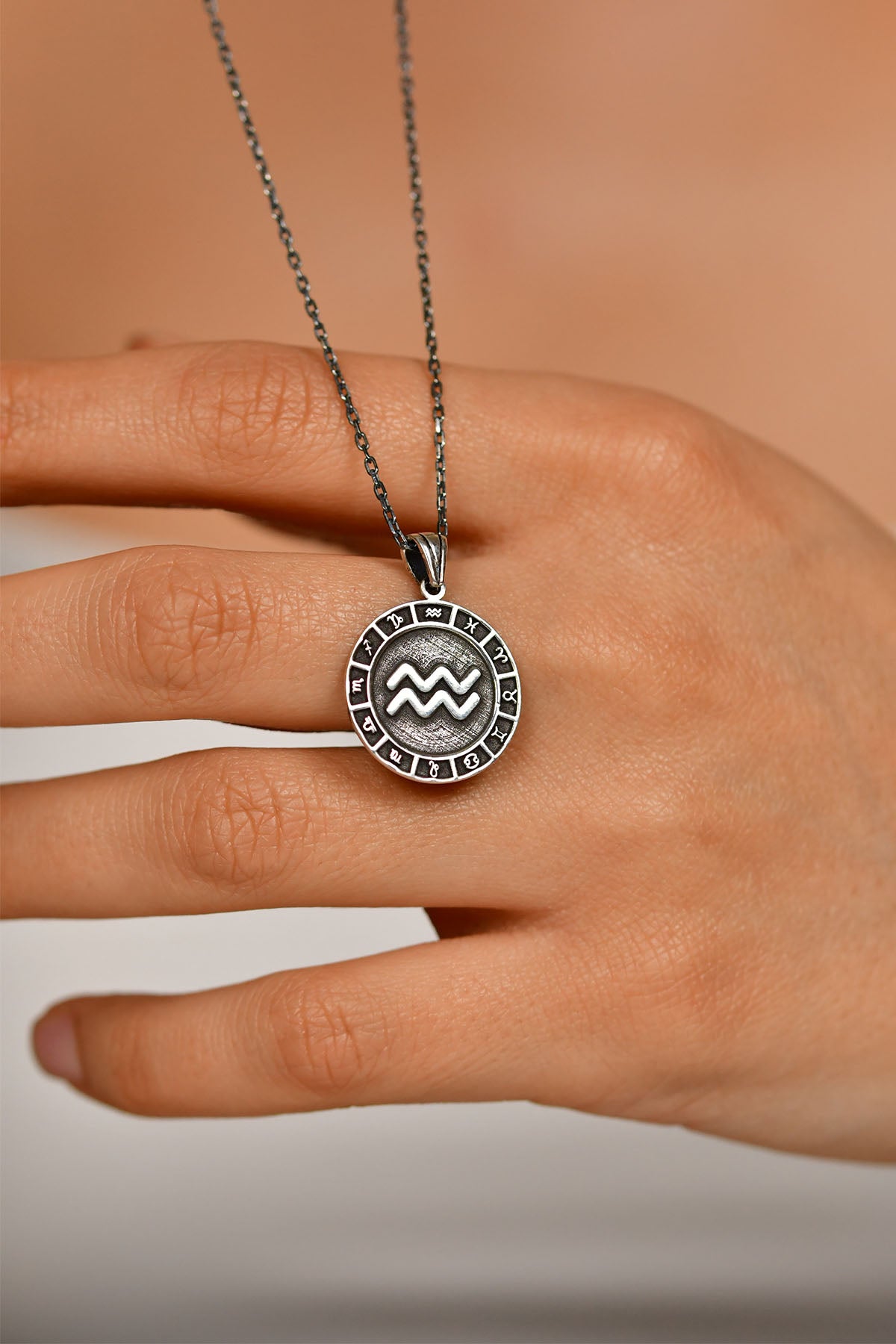 Aquarius Zodiac Sign Wheel Medallion Necklace in 925 sterling silver - view 4