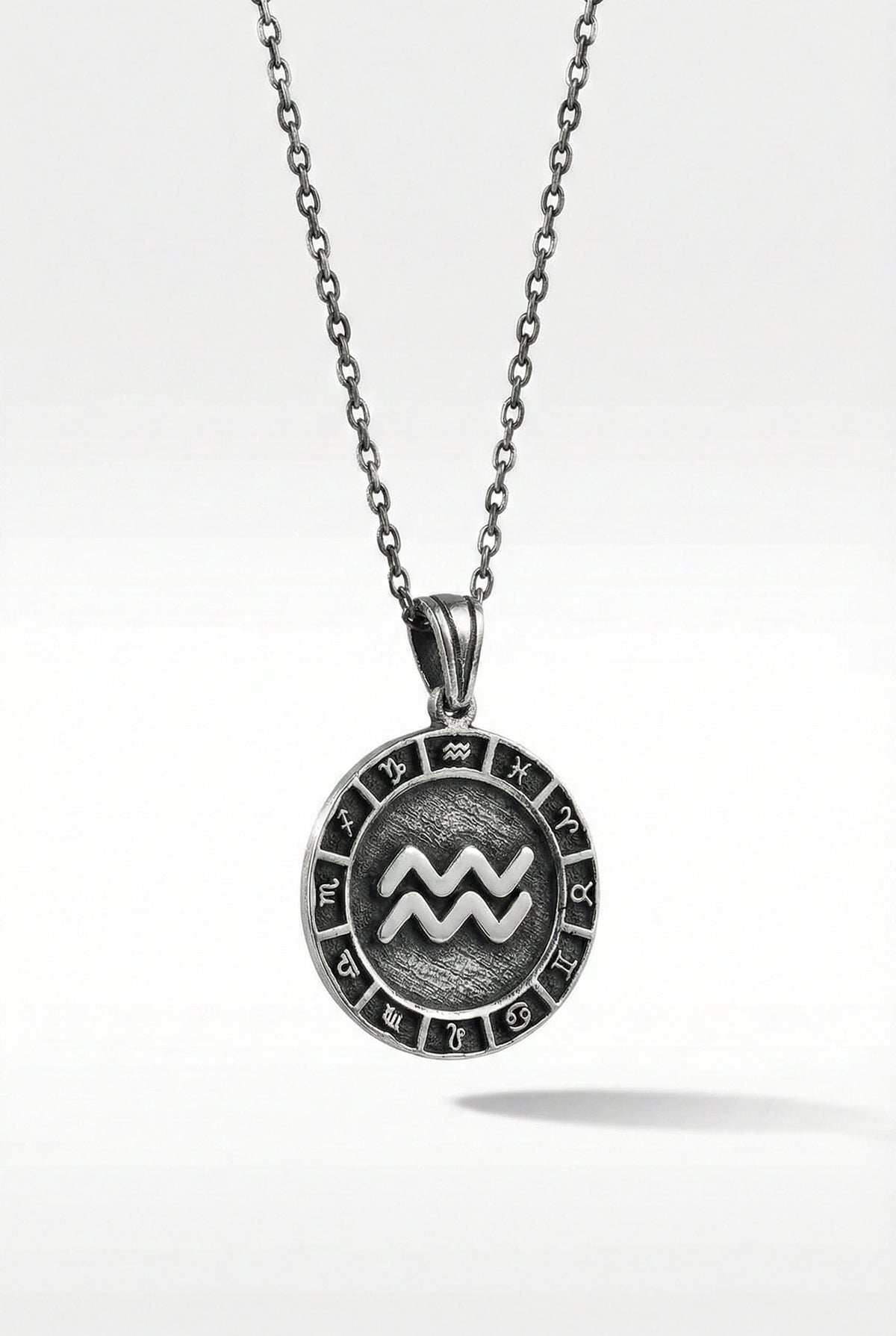Aquarius Zodiac Sign Wheel Medallion Necklace in 925 sterling silver - view 5