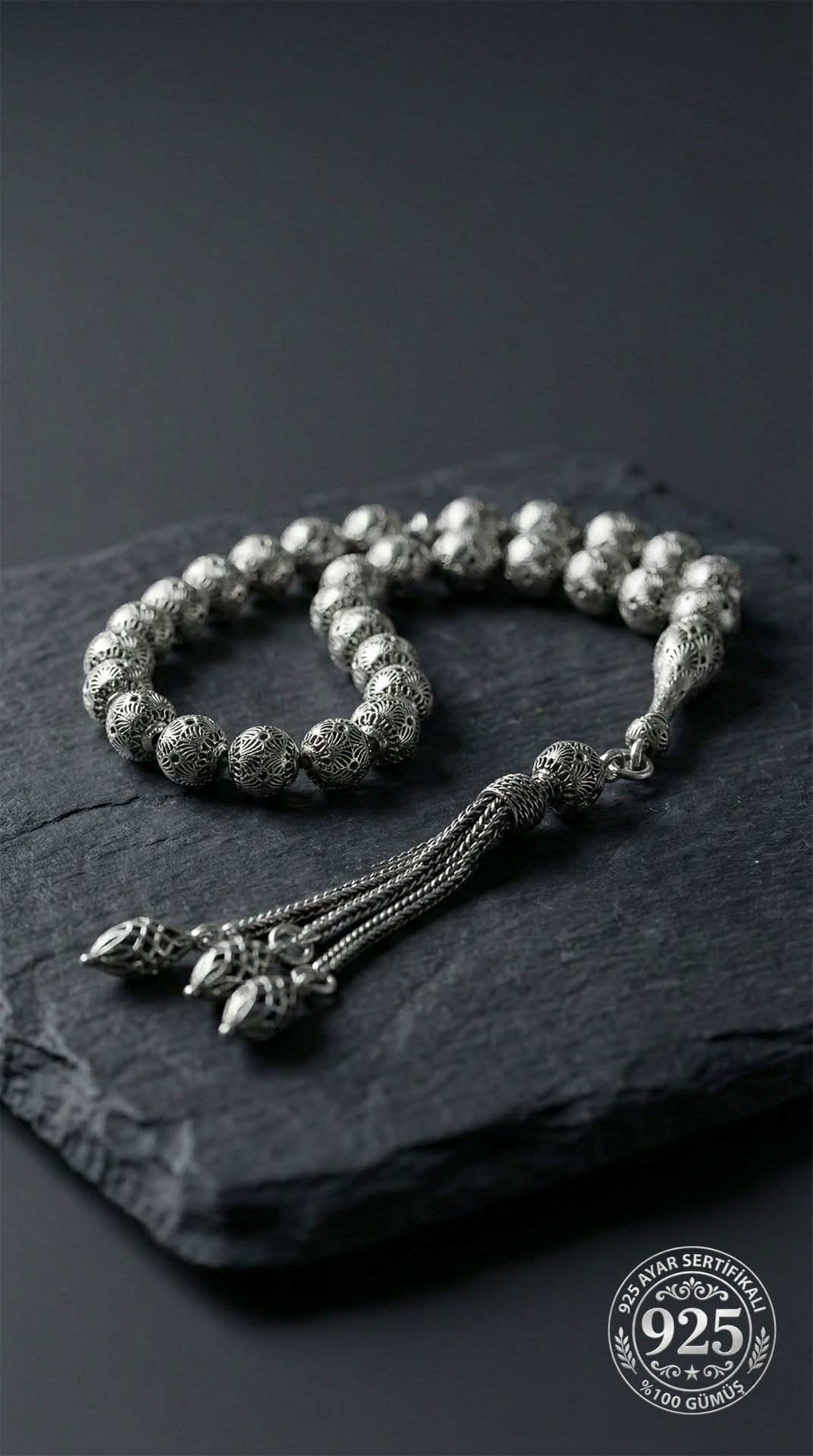 Globe Cut Barleycorn Tassel Wrist Embroidered-Style Traditional Prayer Beads Silver
