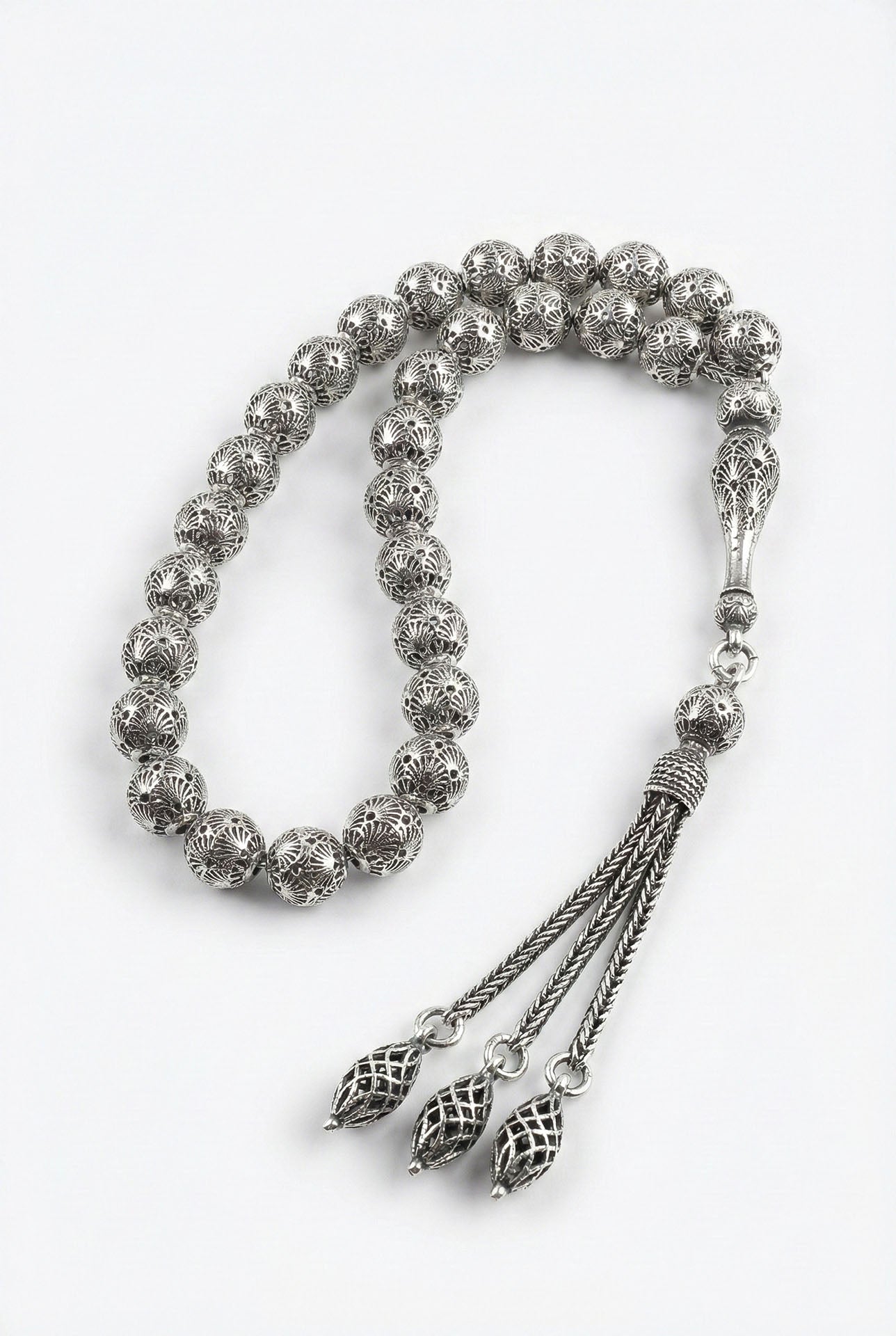 Globe Cut Barleycorn Tassel Wrist Embroidered-Style Traditional Prayer Beads Silver