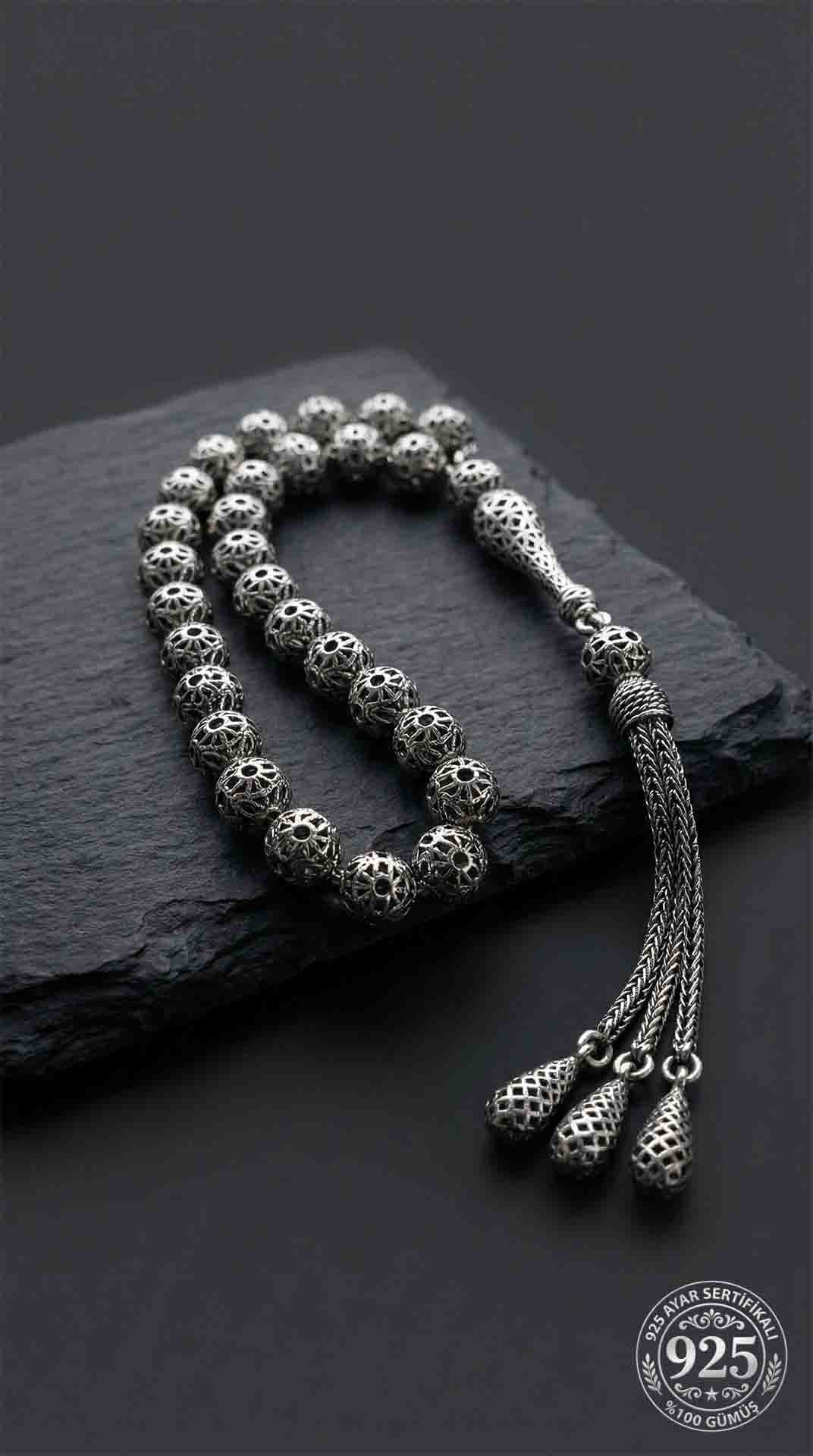 Globe Cut Tassel Wrist Fusion Embroidered-Style Traditional Prayer Beads Silver