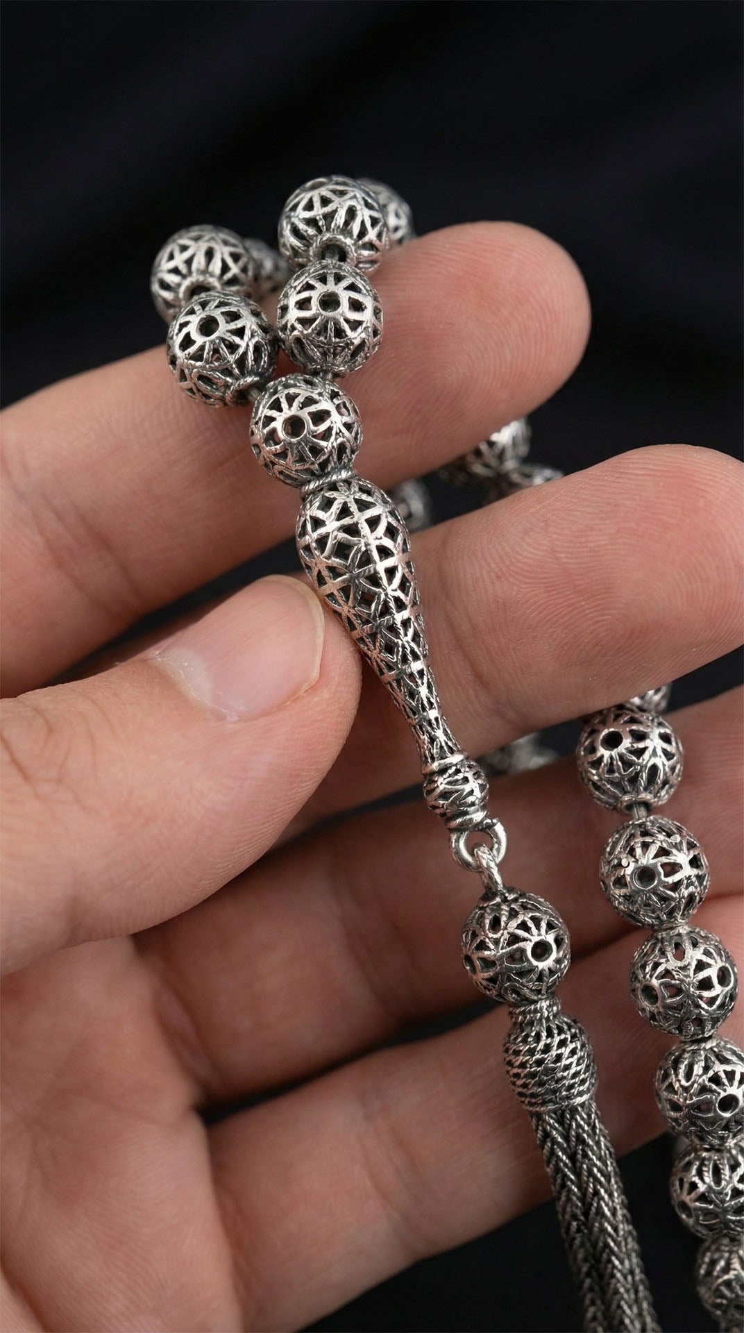 Globe Cut Tassel Wrist Fusion Embroidered-Style Traditional Prayer Beads Silver