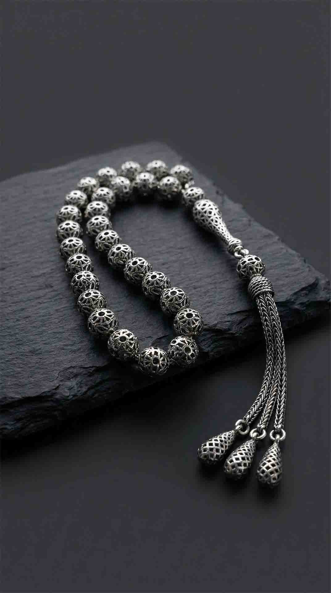 Globe Cut Tassel Wrist Fusion Embroidered-Style Traditional Prayer Beads Silver