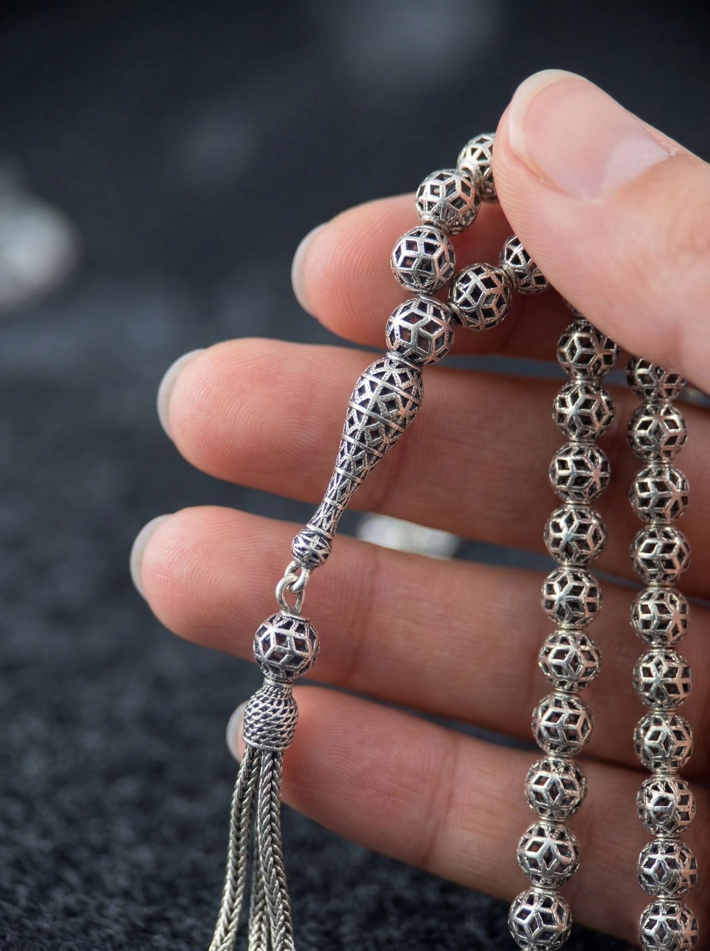 Globe Cut Tassel Wrist Modern Embroidered-Style Traditional Prayer Beads Silver