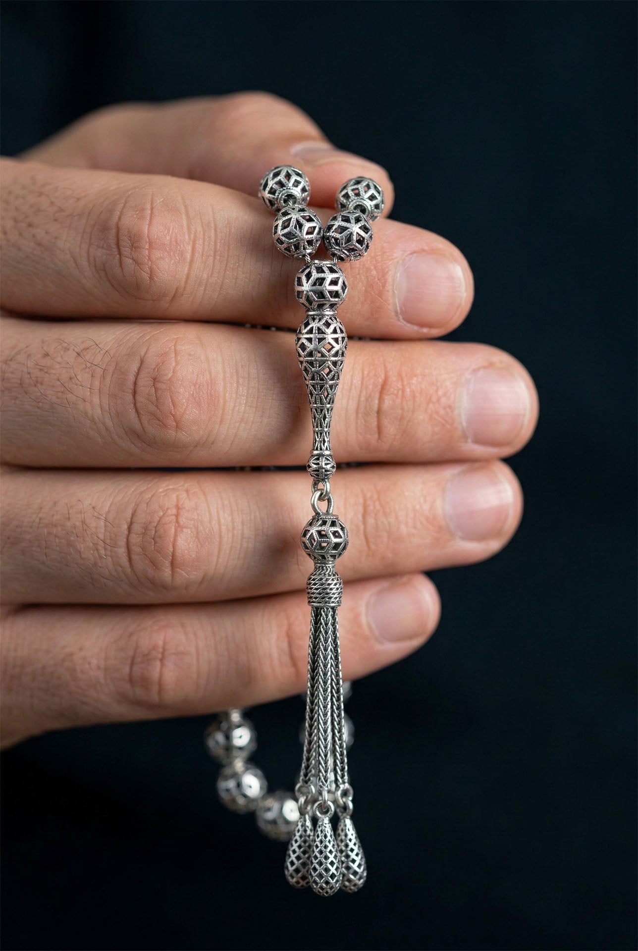 Globe Cut Tassel Wrist Modern Embroidered-Style Traditional Prayer Beads Silver